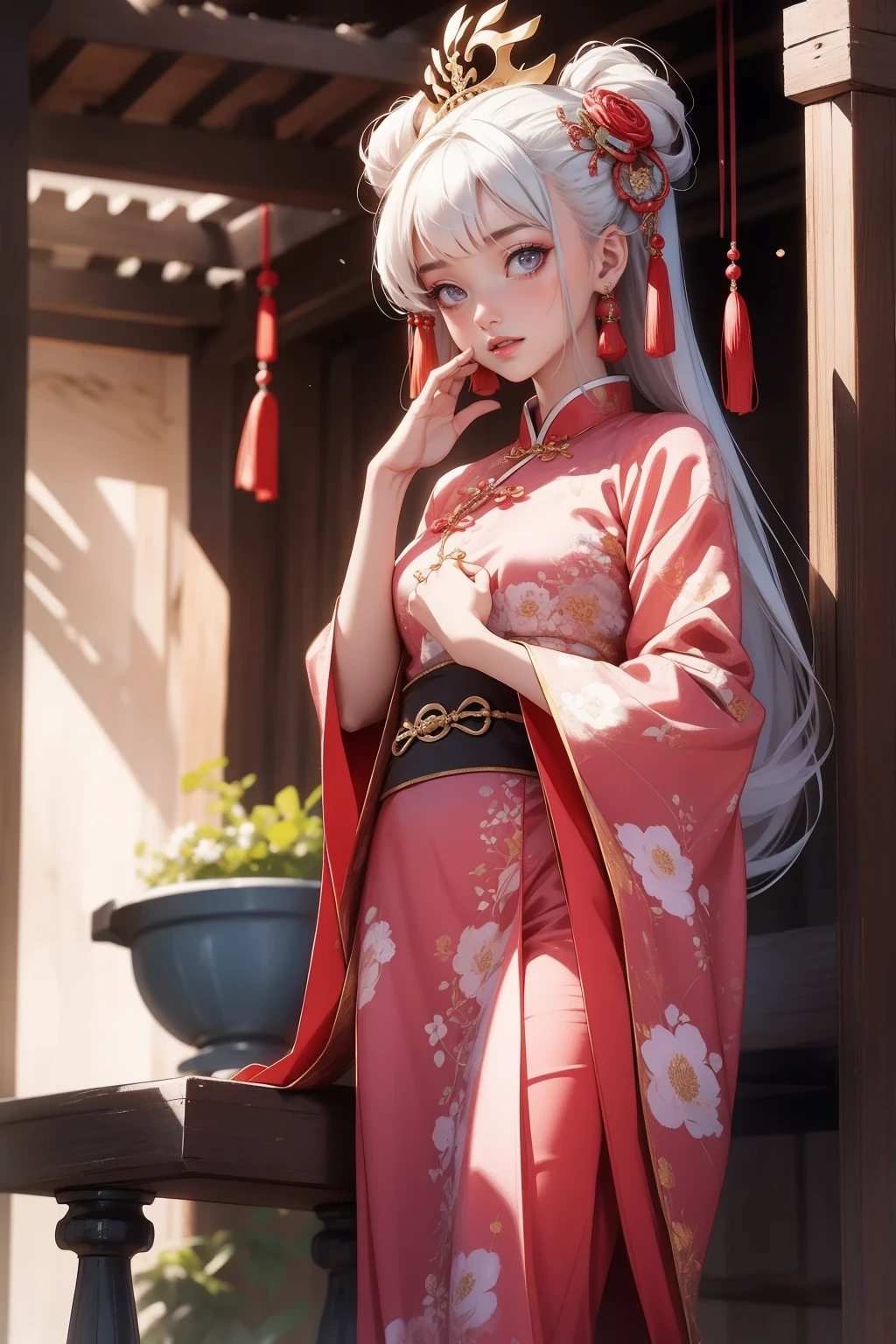 Best quality, masterpiece, high resolution, 1girl, ancient Chinese pink dress, beautiful face, ancient Chinese clothing, bowknot without the original picture, elegant, noble, crown, thin leg, fairy, hair accessory, solo, looking at viewer, smiling, shut up, lips, dress, hair accessory, necklace, jewelry, long hair, earrings, architecture, east asian architecture