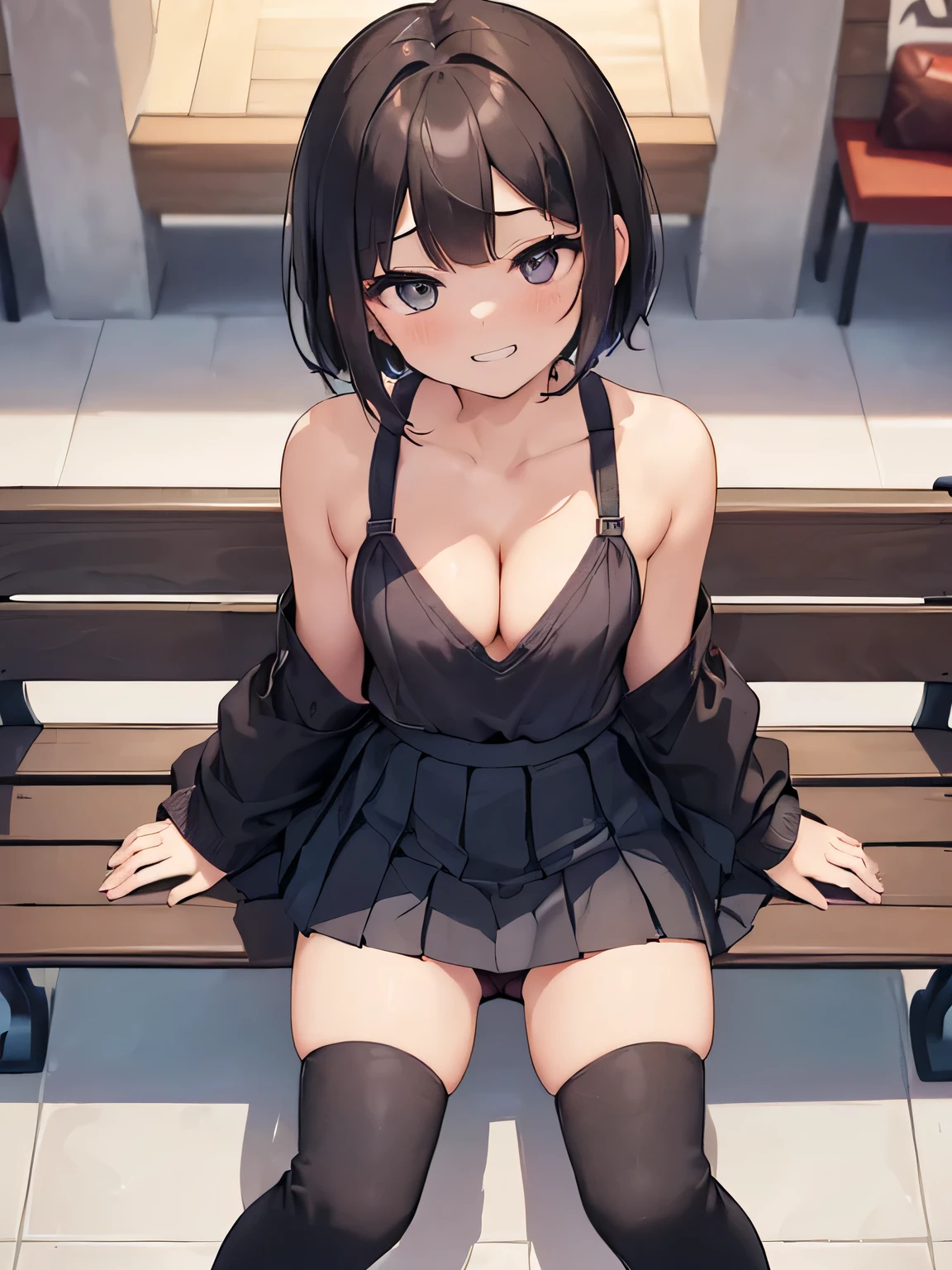 (masterpiece、highest quality、High resolution、realistic pictures、real looking skin:1.1)、
(A woman is sitting on a bench in a shopping mall:1.8)、
(The skirt is so short that you can almost see her panties.:1.8)、
(looking at her from a slightly higher perspective:1.8)、
(A provocative and grinning expression:1.8)、
(I am wearing a dark blue long-sleeved V-neck knit and a bare top underneath.:1.8)、
(I'm wearing a black pleated miniskirt:1.8)、
(I am wearing black middle boots.:1.8)、
(The panties are red and have a pattern.:1.5)、
(Bra and panties are always included:1.5)、
(brown short hair:1.5)、
(small face:1.5)、
(she is 22 years old:1.5)、
(Her breasts are D cup, so you can see her cleavage from the V neck.:1.5)、
(The place is a bench in a shopping mall.:1.5)、
1 Japanese girl、solo、full body esbian、beautiful eyes、shining eyes、Shining thighs、NSFW