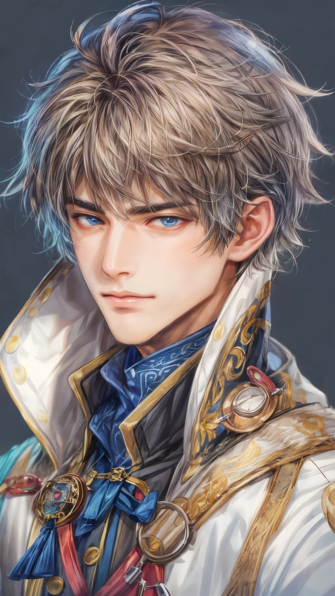 (absurdres, highres, ultra detailed, HDR), masterpiece, intricate, best quality, portrait of a handsome hero from tales of the rays, short hair, korean face, anime eyes, Alchemist outfit detailed interiors slums, detailed character