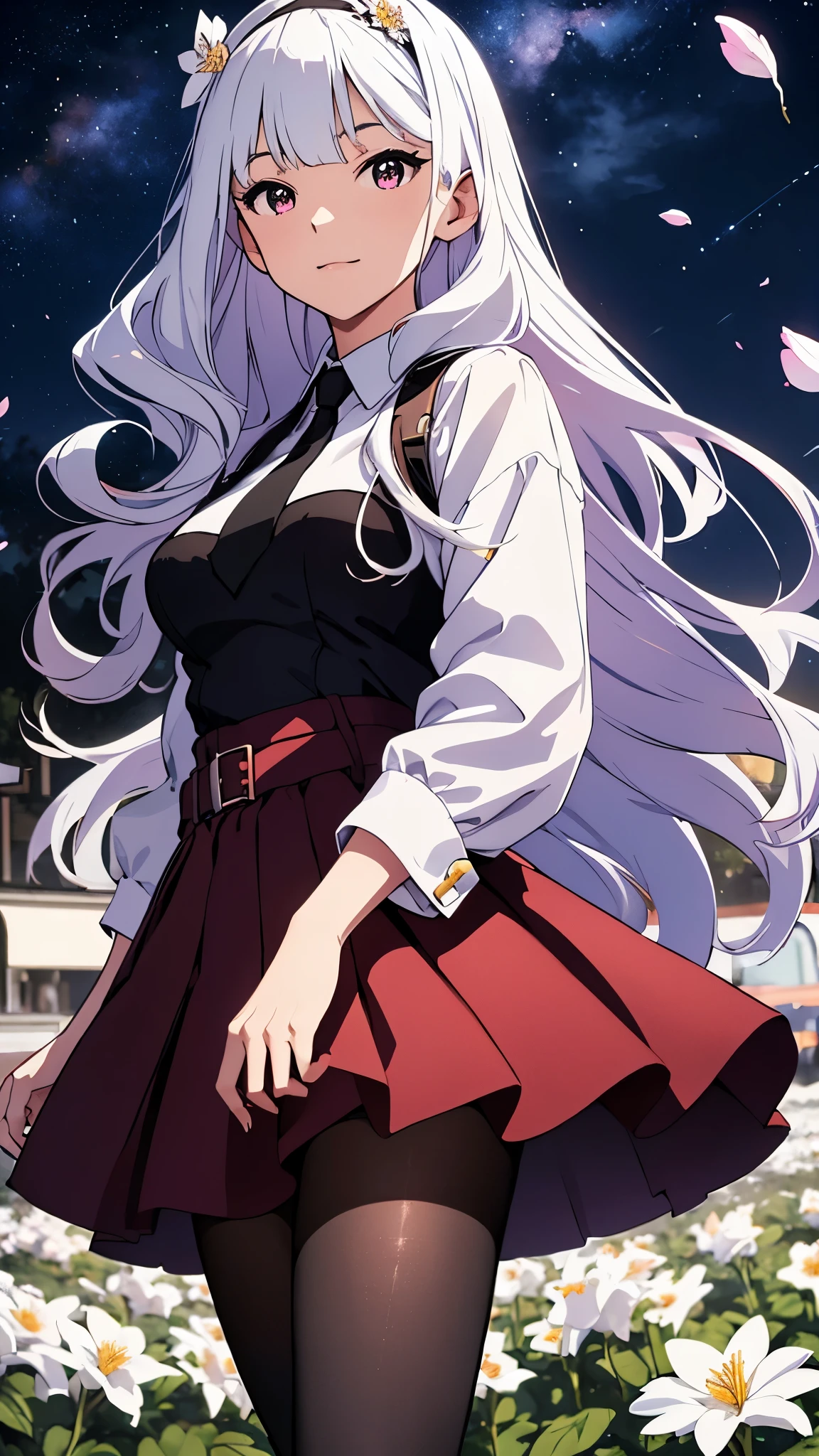 CG, unity, 8k, wallpaper, highest quality, masterpiece, beautiful woman looking up at the sky, 18-year-old, long white hair, white skin, BREAK, white blouse, BREAK, dark red skirt, BREAK, (black pantyhose:1.3), (Realistic:1.2), best lighting, complex pupils, complex textile, detailed background, There is a moon at the back, (Spectacular starry sky with the Milky Way visible: 1.5), nebula, night, (Effect of dancing petals, night, in a vast flower garden, White flowers are blooming as far as the eye can see: 1.5)