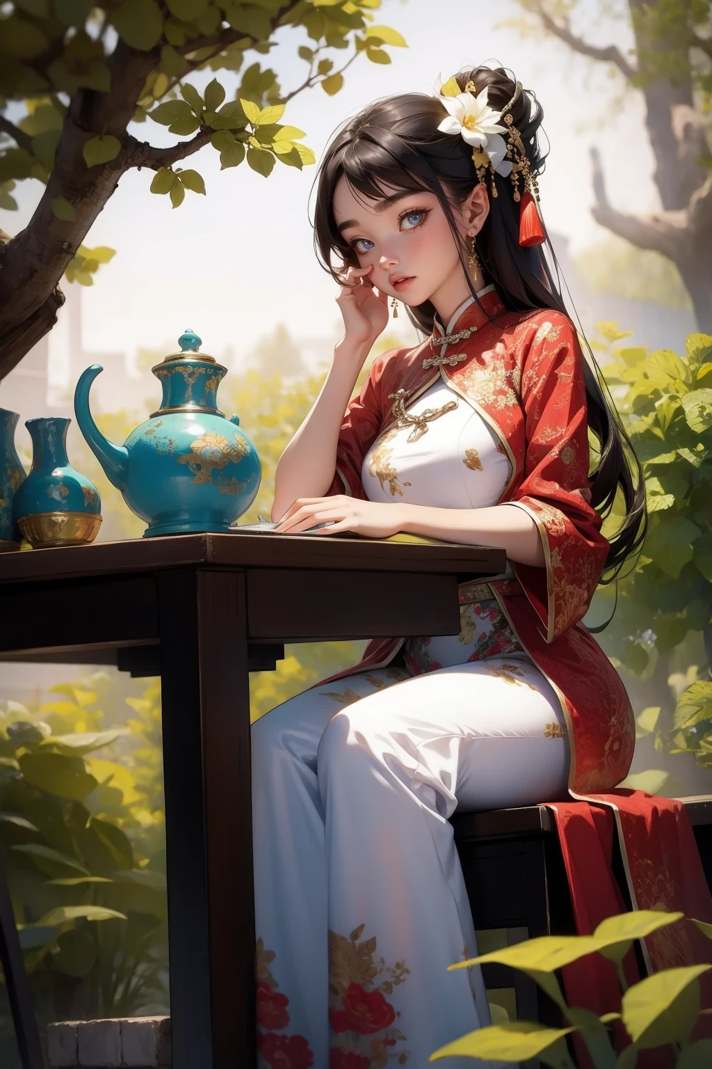 A photo of a beautiful girl in a traditional Chinese dress looking at ancient chinese book under lamp on a low table in garden surrounded by old walls in a peaceful night,((her right hold a pen and her left hand place on table)),((masterpiece)),realistic,4k,extremely detailed,((beautiful big eyes))