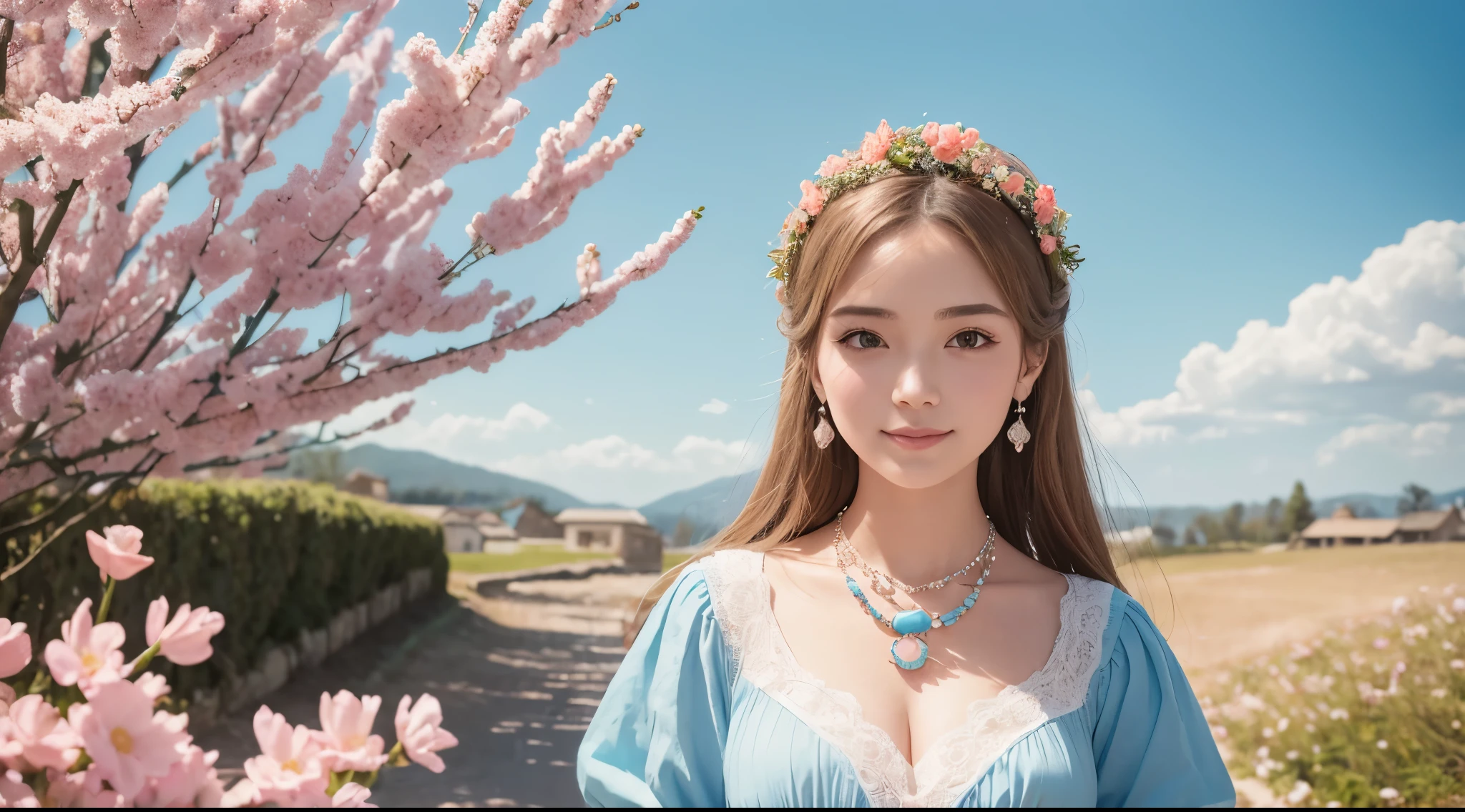 masterpiece, award winning, high quality, super detail, 8k, photo, simple pose, girl, (solo), smile, ancient clothing, detailed clothes, dressed up, spring clothes, ancient accessories, (theme color is bright light blue and pale coral pink), complemented with a necklace, (close up of face), (portrait style), at the old castle, classic European style, in early spring, natural daylight, direct sunlight, harmonious color palette and composition