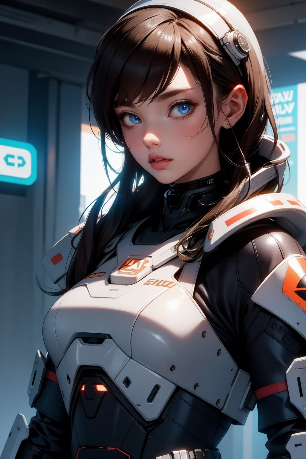 masterpiece, best quality, , (solo), 1girl, look up, dim light, , Horizon_(apex legends), goggles, blue eyes, brown hair, gauntlets, shoulder armor, headwear, (freckles:0.5), , (science_fiction), outdoors, street, neon lights, cyberpunk,