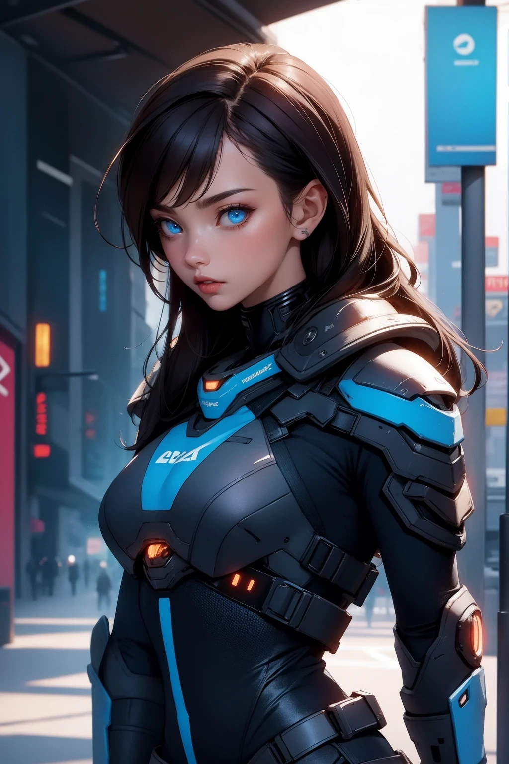 masterpiece,  best quality, , (solo), 1girl, look up, dim light, , Horizon_(apex legends), goggles, blue eyes, brown hair, gauntlets, shoulder armor,  headwear, (freckles:0.5), , (science_fiction), outdoors, street, neon lights, cyberpunk,