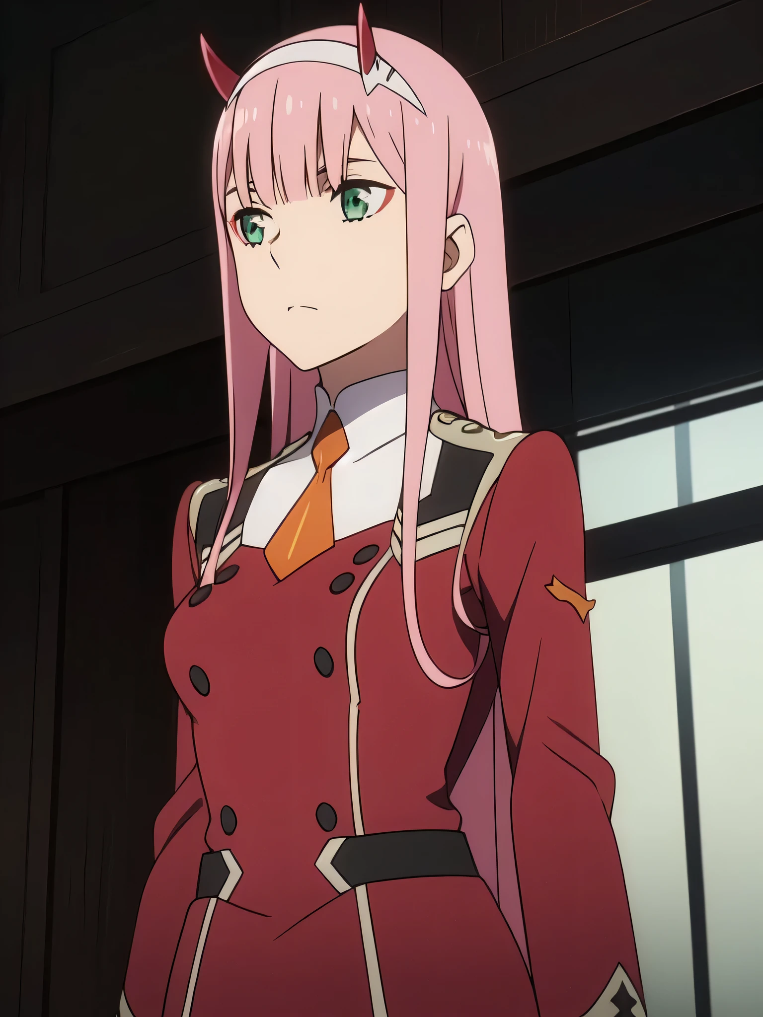 Zero_Two, green eyes, pink hair, horns, straight hair, medium breasts, shiny hair, makeup, eyeshadow, very long hair, blunt bangs, white hairband, military uniform, short necktie, double-breasted, buttons, long sleeves, red jacket, orange necktie,