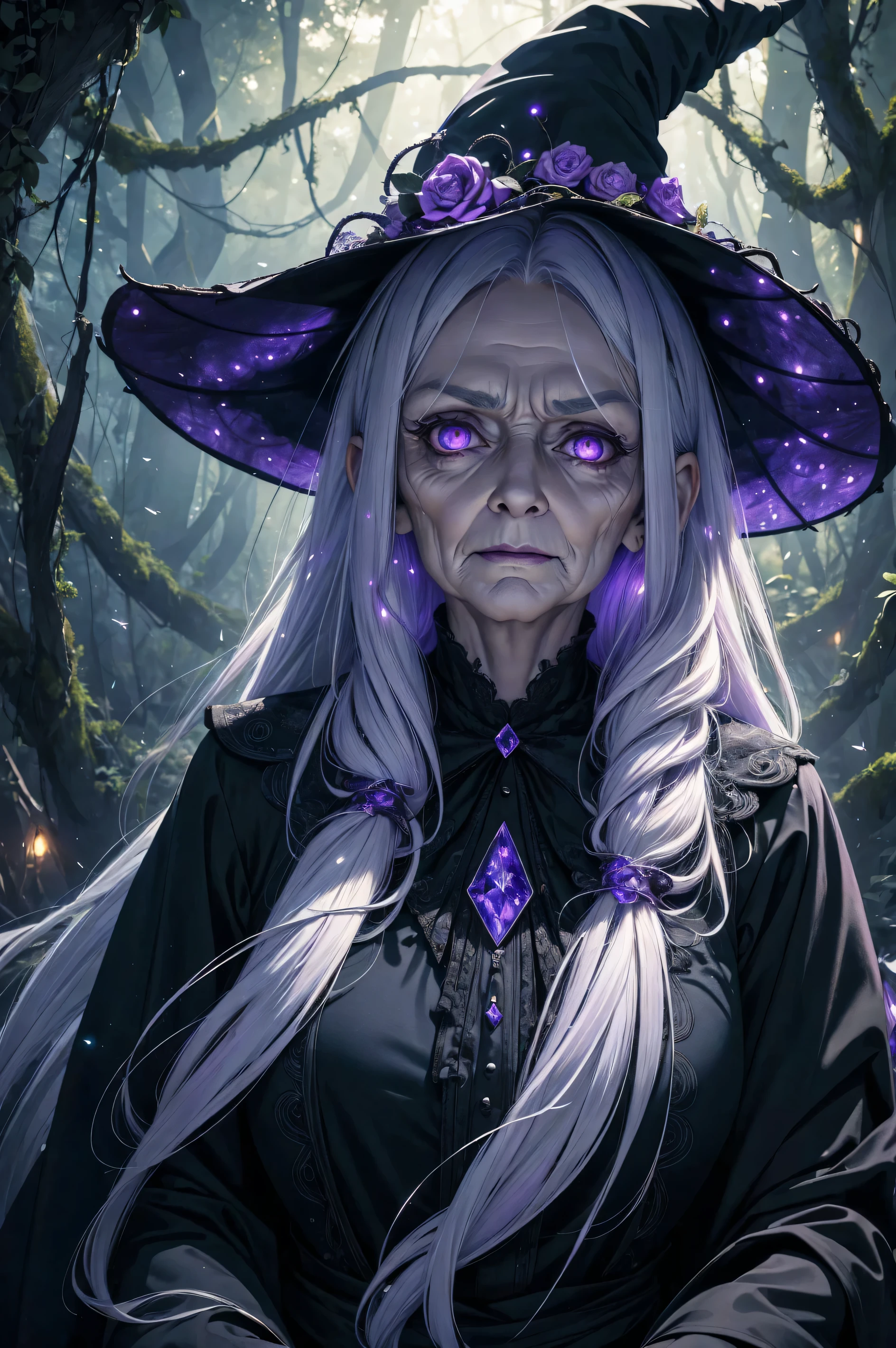 (8k, top quality, masterpiece: 1.4), ultra detail, super resolution, a stunning digital illustration of an old witch she lives deep in the forest preying on innocent souls, she has long straight white hair, evil purple eyes, old wrinkly skin texture, ((old lady)), her evil features scare the viewer, her presence is ominous, bokeh, eerie light particles, magic glow, nightshade and vines
