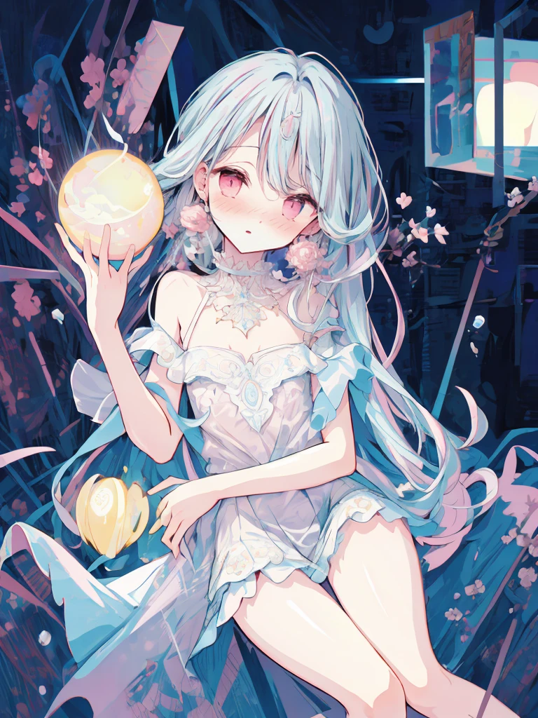 (ultra-intricate pupil in eyes, shiny eyes), long eyelashes, double eyelids, parted lips, kawaii, cute, ( flat chest), slender, (ultra delicate and beautiful skin), insanely detailed clothes, perfect anatomy, dynamic angle, BREAK (masterpiece, best quality), (ultra-detailed 8K), (perfect design), absurdres, highres, ((blush)), (super fine illustration), ((light blue long hair)), 10 years old, long hair ((blush)), masterpiece,
(MASTERPIECE), (Best Quality), (Super Detail), Official Art, One Girl, with Pale Light Blue Hair, , , Navy blue and Silver See-Through Dress, Sleeveless, Off Shoulder, Small, Very Small, Small, Cleavage, Thigh Focus, Card Illustration,((need)), ((tmasterpiece)),art of parting,EtherealBeauty,Small corner, in the old bedroom, dark ambiance,(Fantasy illustration:1.3),tempting pose, otherworldly charm, Moon Night, pastelcolor, (A high resolution:1.2),Best full body photo,Light red eyes,