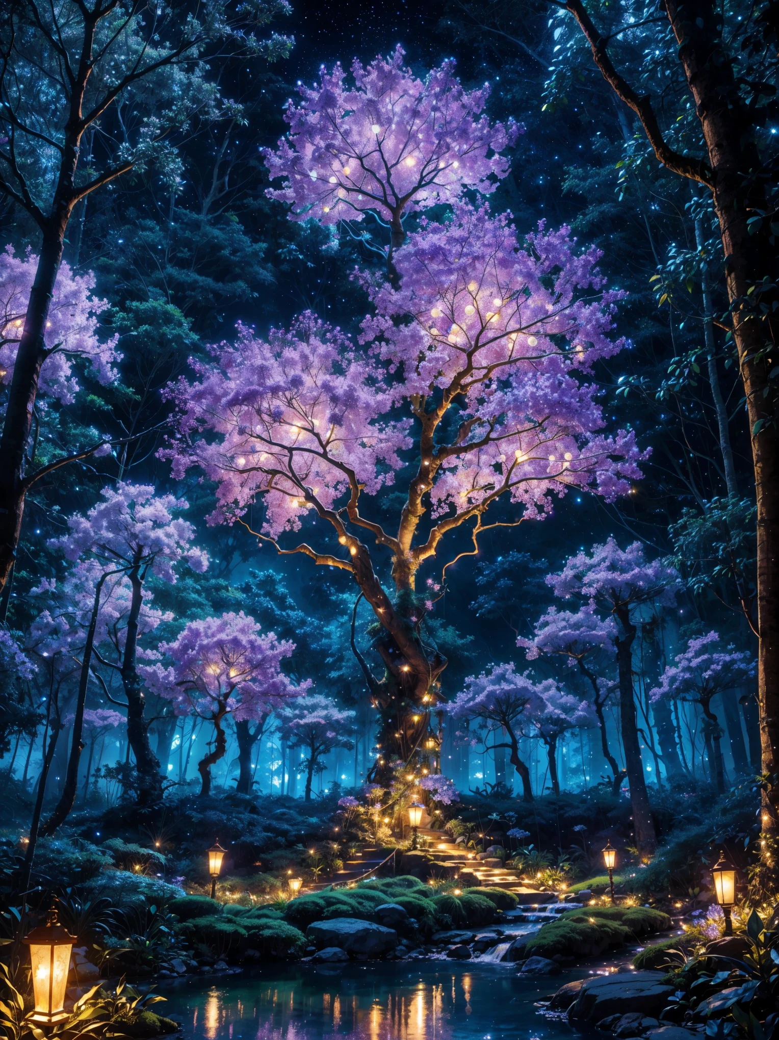 An intricate and stunning display of fairy lights, with glowing pastel lights, delicately wrapped around trees in the jungle, there are vibrant colors all around in the flowers, Nighttime, ambient moonlight