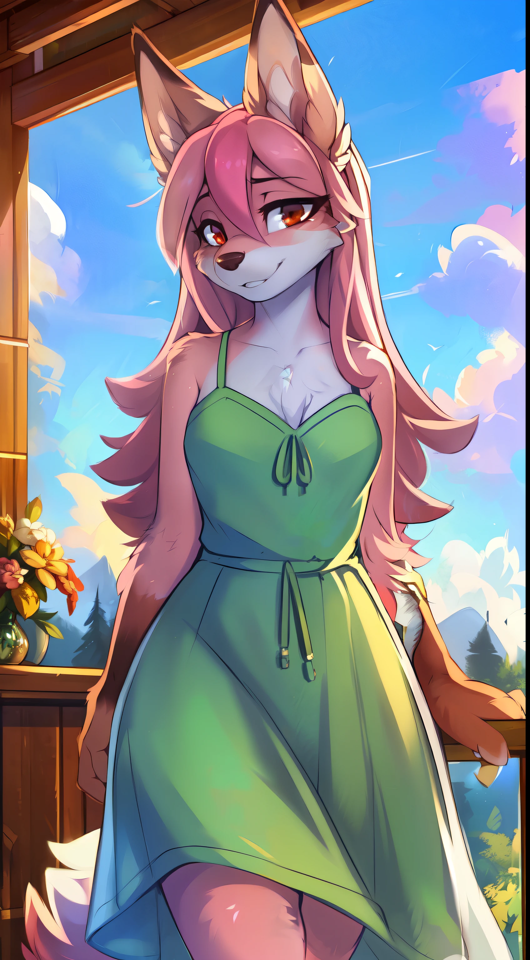 from Kenketa, Ross Tran, Ruanjia, mumps, foxovh, от zackary911, от Hyattlen, on a terrace, by Fumiko, by Pixelsketcher, from Bayard Wu, Thomas Benjamin Kennington, from Einshelm, from Kilina, by Coffeesoda, from Hioshiru, from down-kevlar, от r-mk, by Dimwitdog, fluffy, Nazuna_hiwatasi, antro, Female, One, standing, mocking look, (half-closed eyes), pink hair, pink tail, (Red eyes), I look at the viewer, (Medium breasts, hips), (fox), (White dress), sexy walking