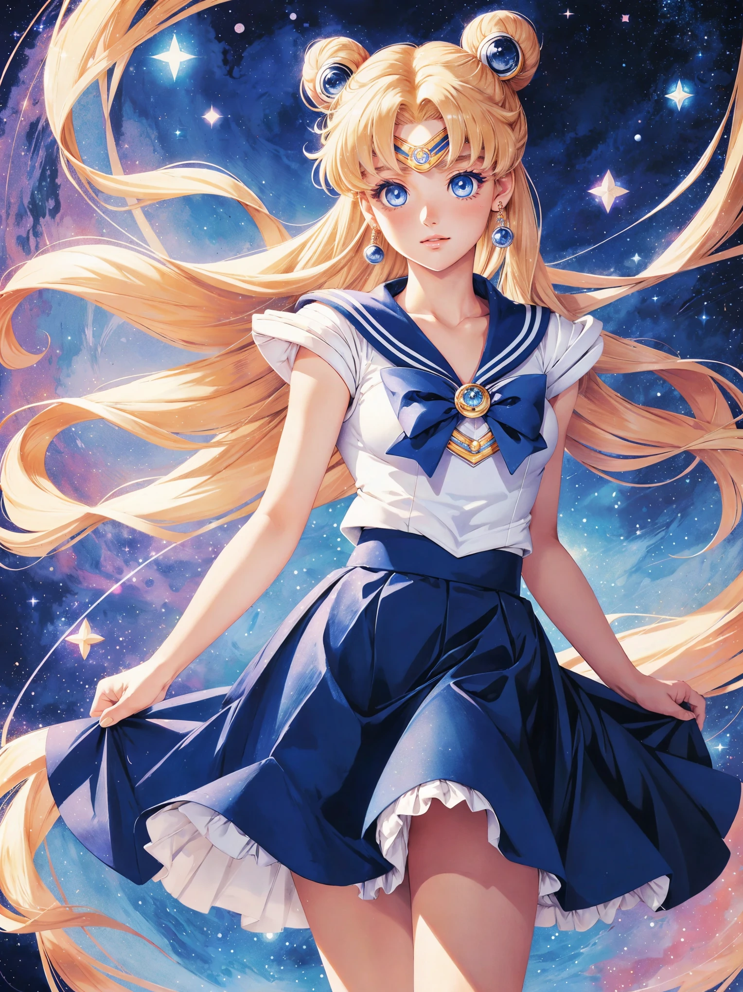 (extremely detailed sailor moon) (((blue eyes))) (blue skirt) colorful, blonde buns with long hair, cosmic background, ultra detailed sailor moon, colorful, magical, art by naoko takeuchi
