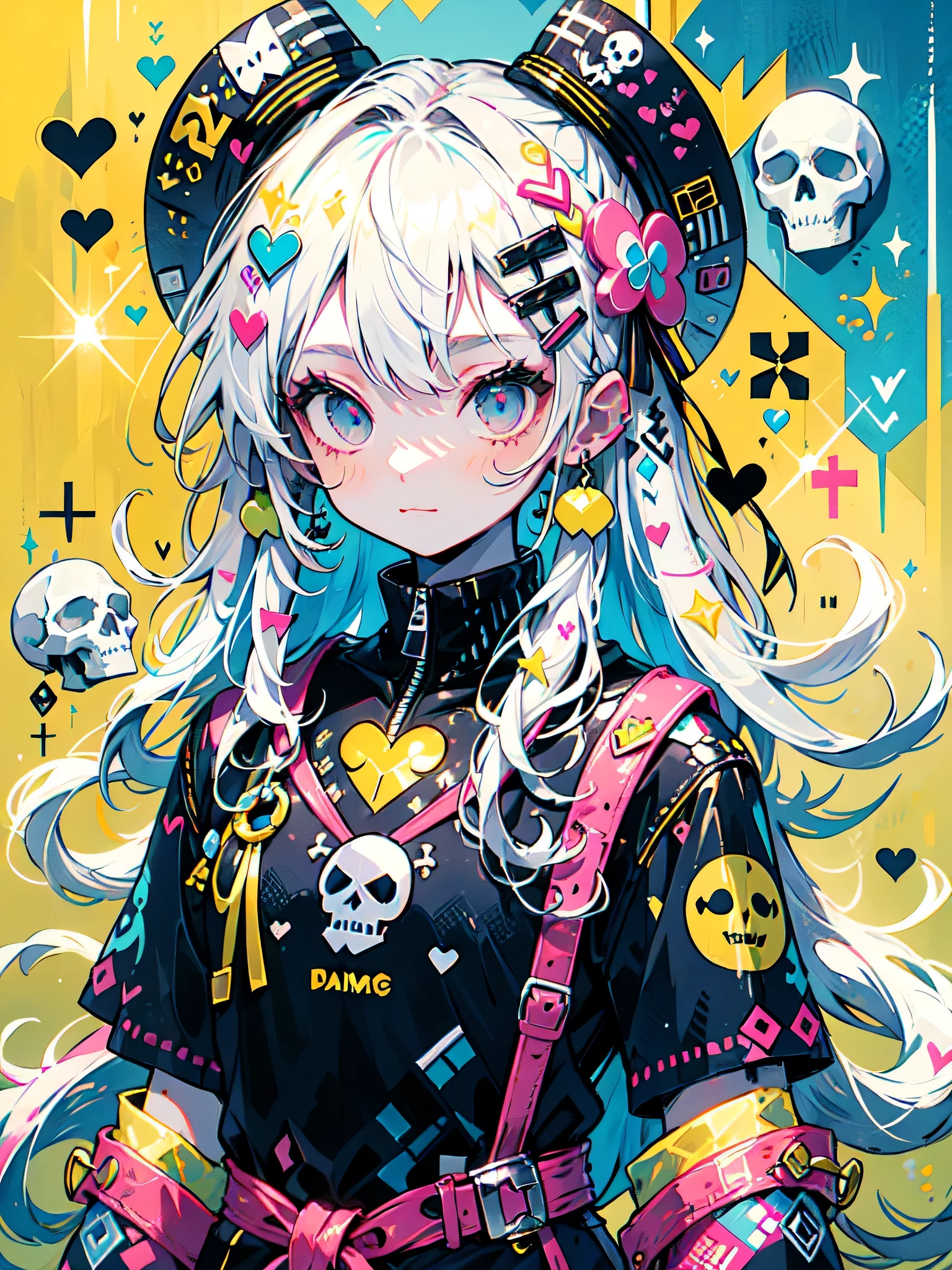 "cute, beautiful, Adorable girl wearing pink clothes, yellow, and baby blue color scheme. She is wearing a costume with a SKULL motif inspired by a female pirate.。.。.... her costume is fluffy and soft, Comes with decorative accessories such as hair clips. Embodying the vibrant and modern Harajuku fashion style。."