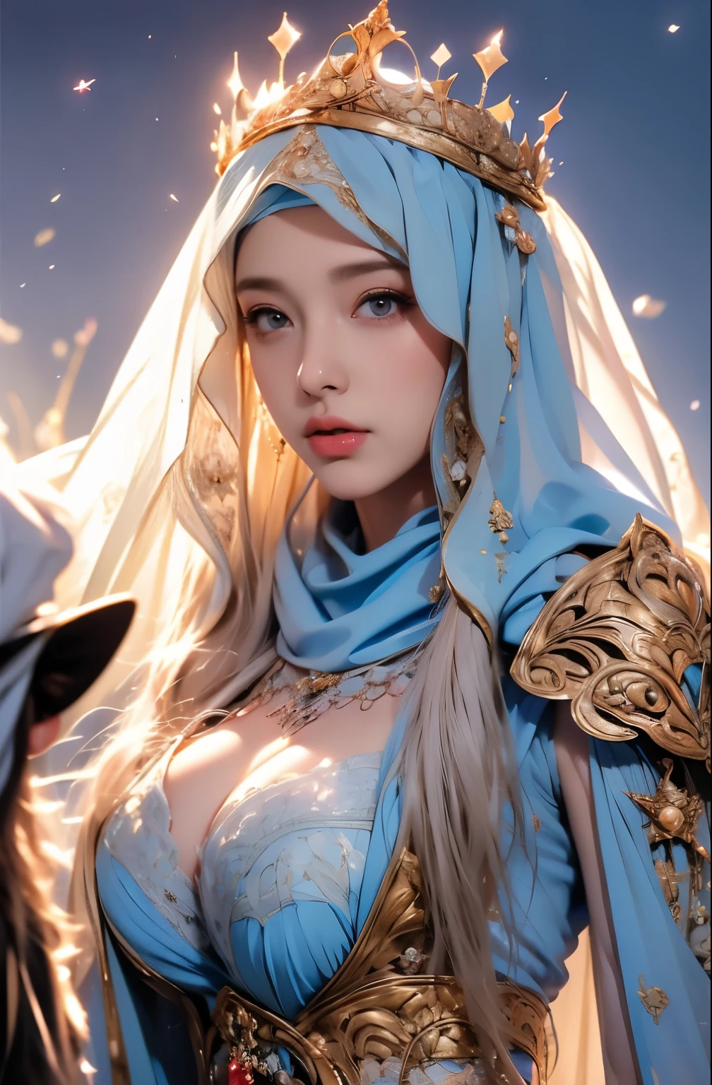 Erect nipples, wearing a hijab , luxury hijab,crown luxury , blue eye, blond hair, around 17 years old, (gold ), tmasterpiece，Best quality at best，A high resolution，8K，((Portrait))，front (upper body)，Original photo，real photograph，digital photography，(Female princess in the medieval fantasy style), sexy princess ，blue eye， super colossal breast, round colossal breast ，open kissing lips，Keep your mouth shuegant and charming，((Blushing))，virgin contempt，Calm and handsome，(Medieval fantasy dress，The Beautiful super huge round breast, small waist, perfect colossal breast of princess body, a blue delicate pattern，silver Cloak)，(princes medieval character medieval fantasy style，oc render reflection texture, fighting style,  sexy colossal breast , medieval castle background, slim body, very small waist, 