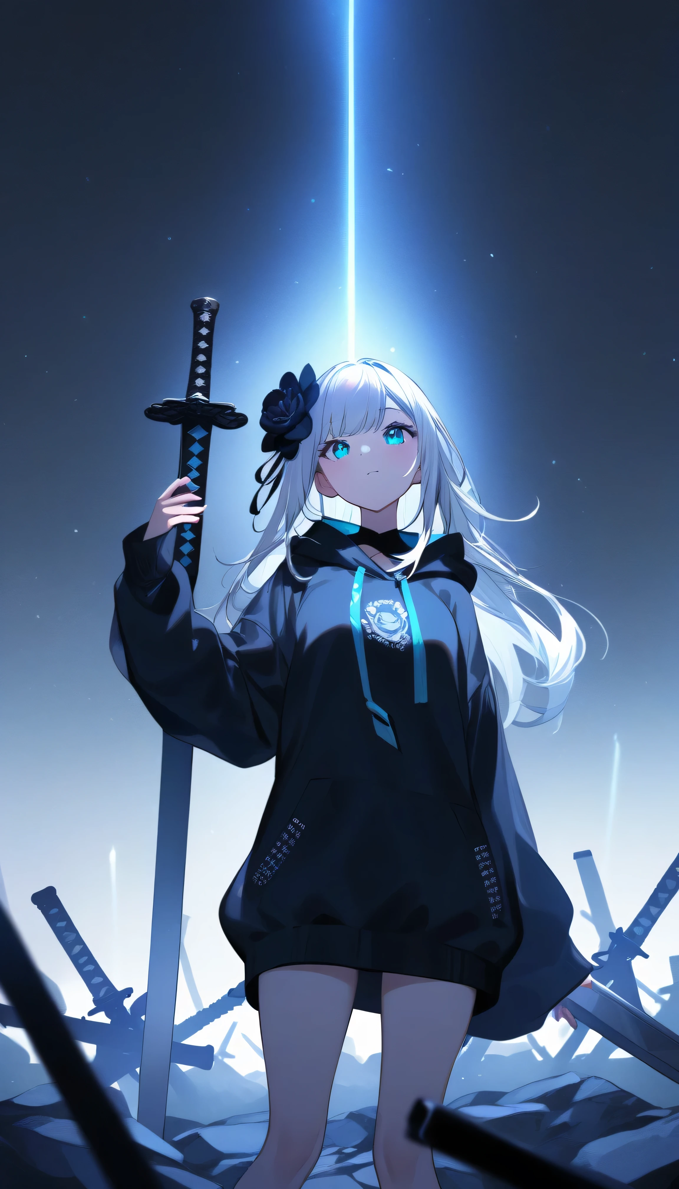 Masterpiece, saturate, full HD, best quality, 1girl, ( young girl, cute girl), slim body.medium breast, white light hair.detailed beautiful eyes. Glowing eye. Bright aqua eyes, long hair, bangs, black flower hair ornament, black hoodie oversized, holding sword. Black flower hair ornament. girl's head facing upwards, shadows surrounding girl, foggy theme, rocky plain background and many swords sticking into the ground, foggy