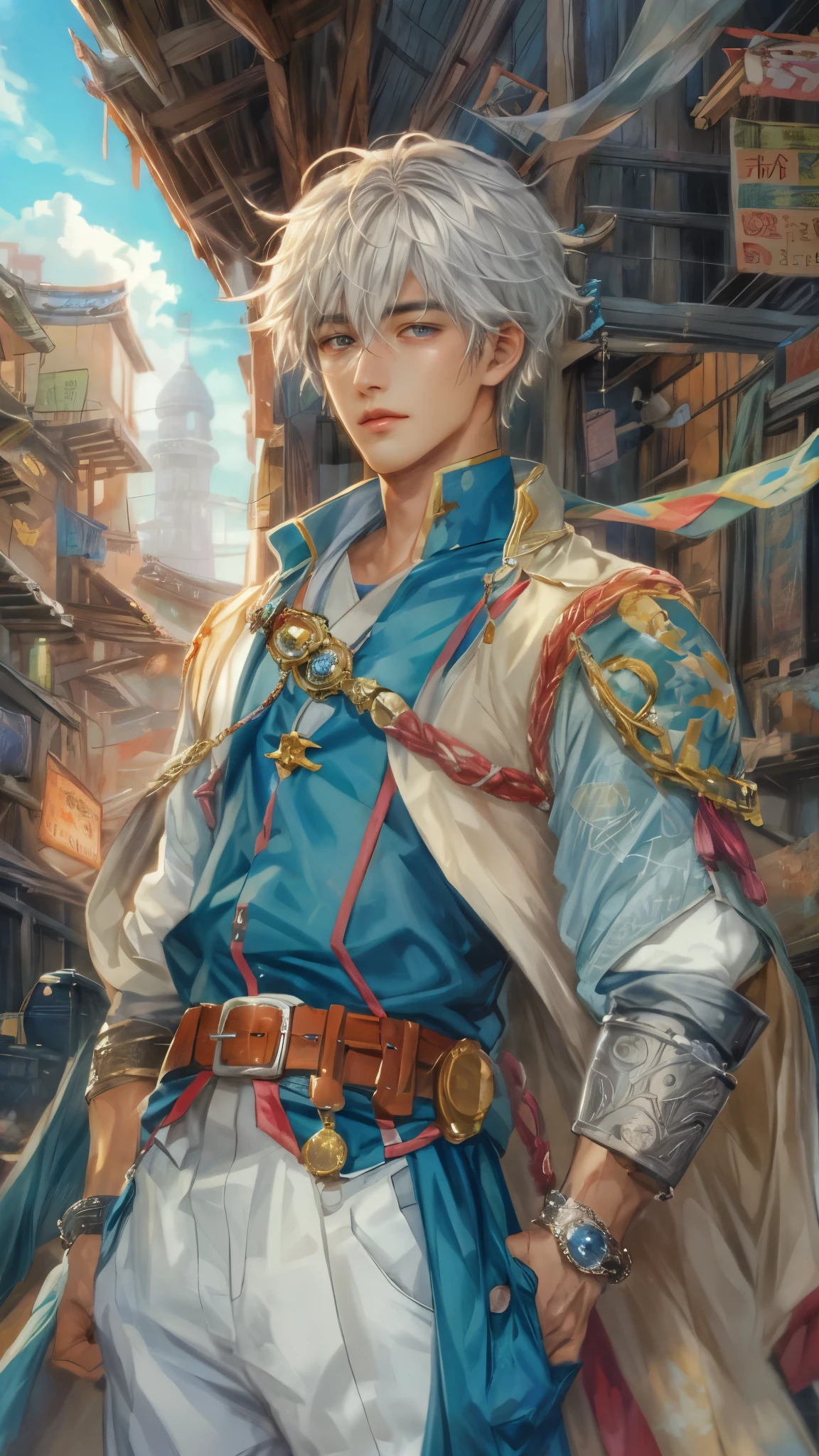 (absurdres, highres, ultra detailed, HDR), masterpiece, intricate, best quality, portrait of a handsome hero from tales of the rays, short hair, korean face, anime eyes, Alchemist outfit detailed interiors slums, detailed character