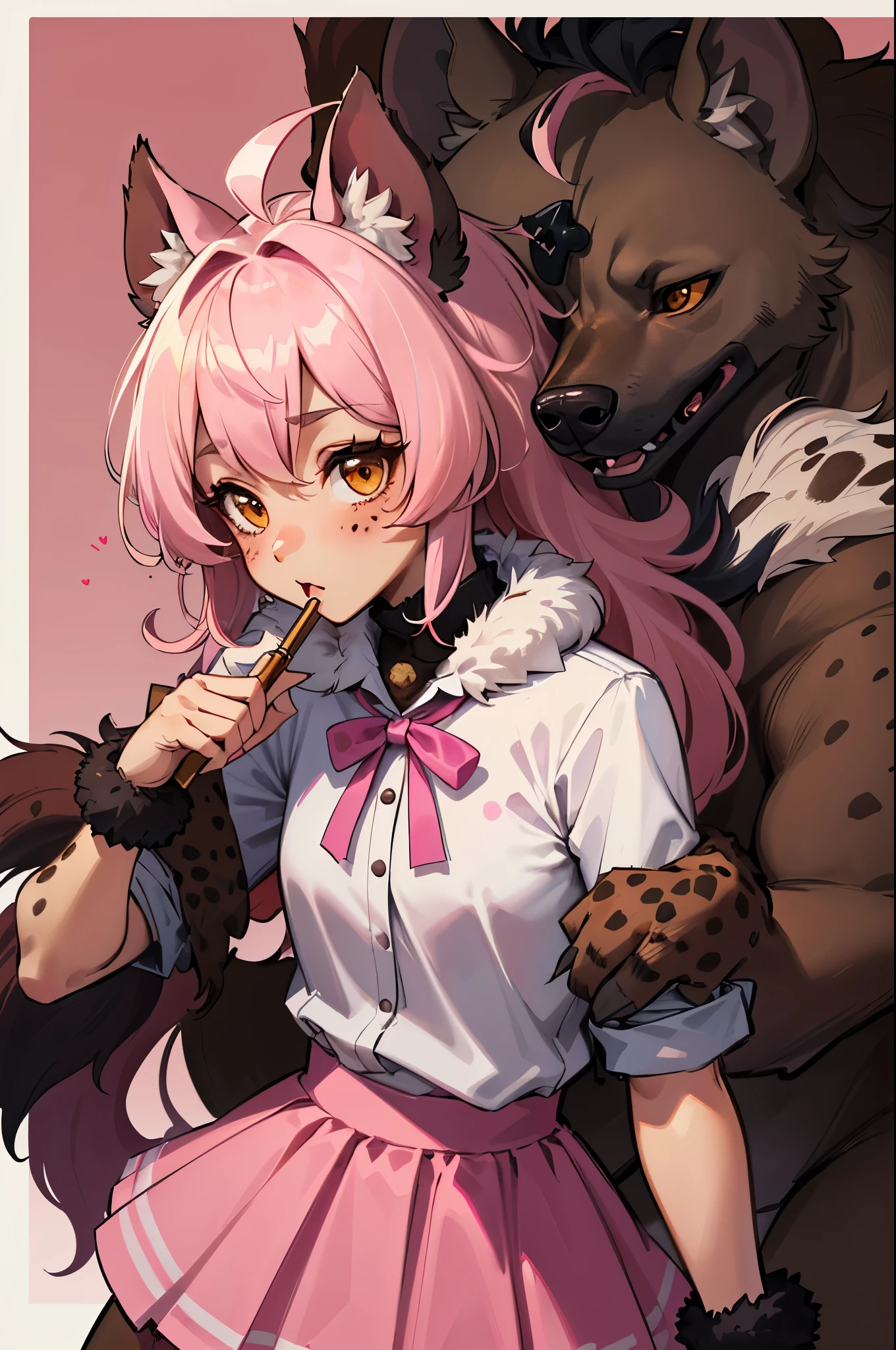 lineart, 2d, absurdres, 1girl, ((dog girl, hyena girl), (furry female:0.85), monster mash, medium brown fur, pink fur spots, messy hair, brown eyes, pink streaks in hair, skirt, girly clothes, long hair, pastel cute background, fluffy tail, hyena ears