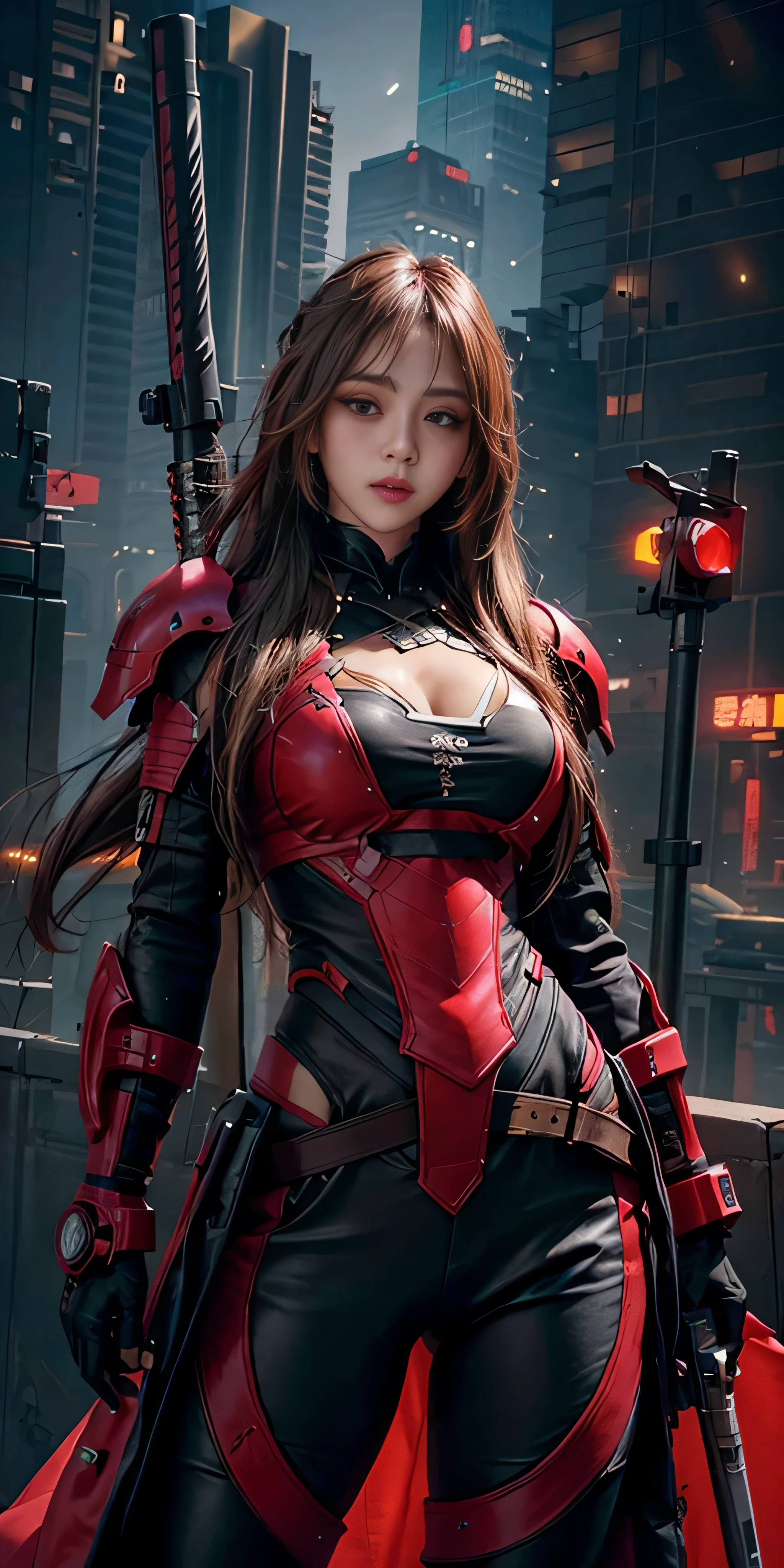 photorealistic, high resolution, soft light,1women, solo, hips up, (detailed face), red long hair, cybersamurai, cyborg, cyberpunk,  cyber armor, holding weapon,glowing,gun, city at night