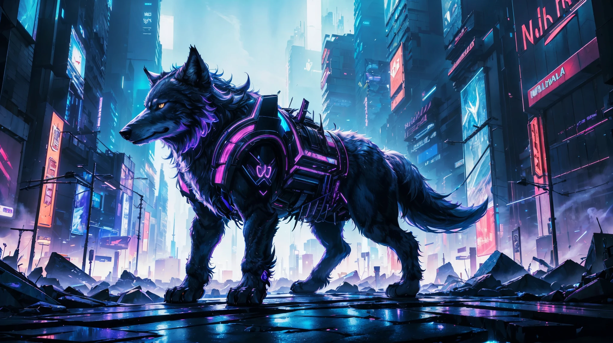 (masterpiece), (((highest quality)), (ultra detailed), male Wolf, Furry, (male focus), tail, ears, epic artwork, high illumination, neon cyberpunk, magical aura,12k resolution