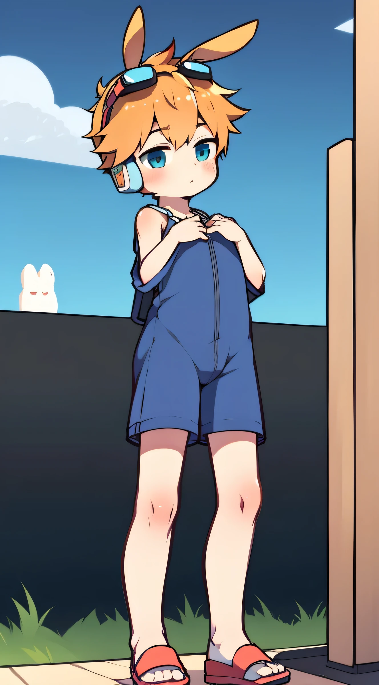 2D boy Shota，One-piece pajamas，Slim, healthy body，Put the headphones on your head，stand up，goggles，rabbit ears