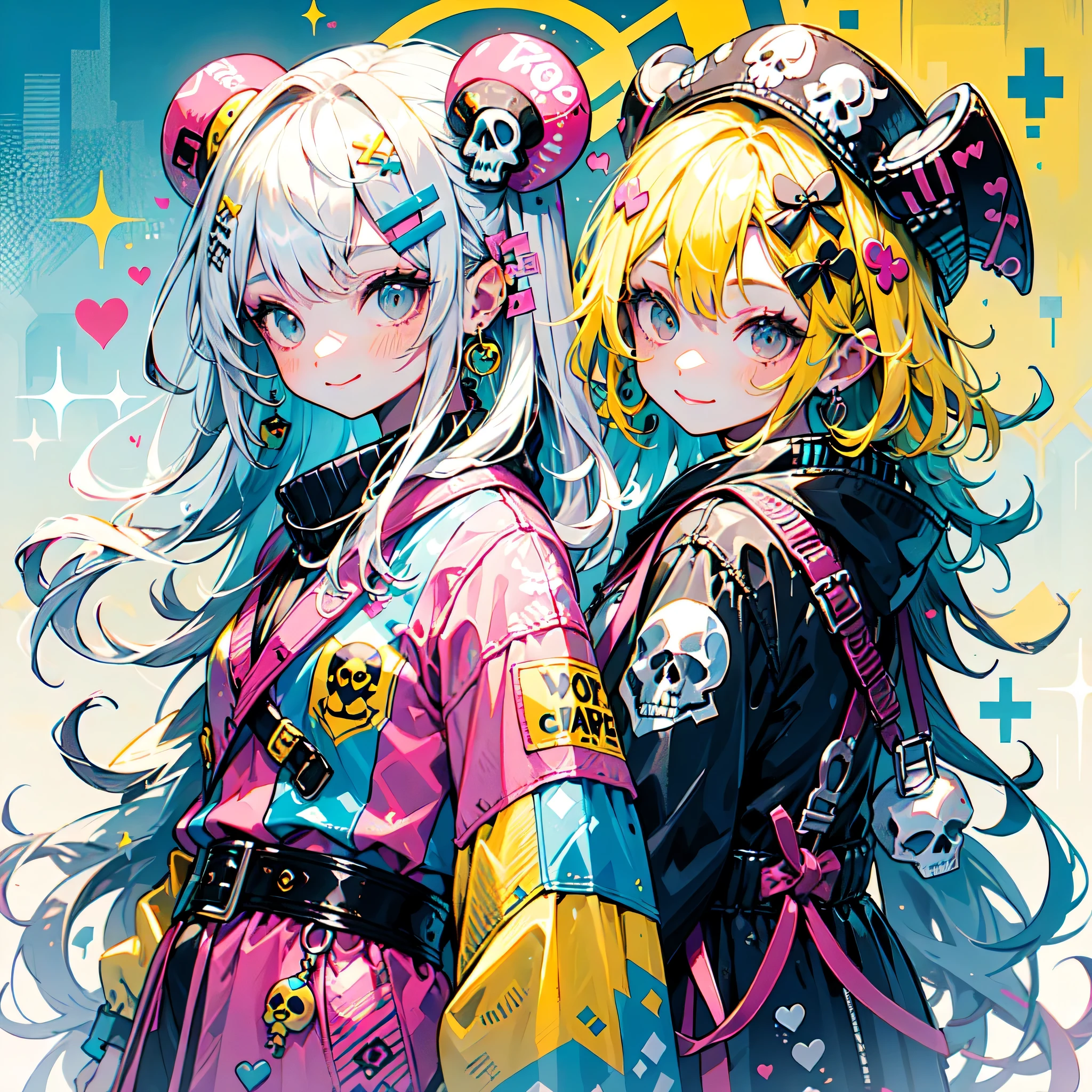 akira toriyama style、"cute, beautiful, Adorable girl in pink clothes, yellow, Baby blue color scheme. She is wearing a skull-motif outfit inspired by female pirates..。.。.。.。.。.。.... Fashionable hats, rock、Comes with decorative accessories such as hair clips. Embodying the vibrant and modern Harajuku fashion style。."
