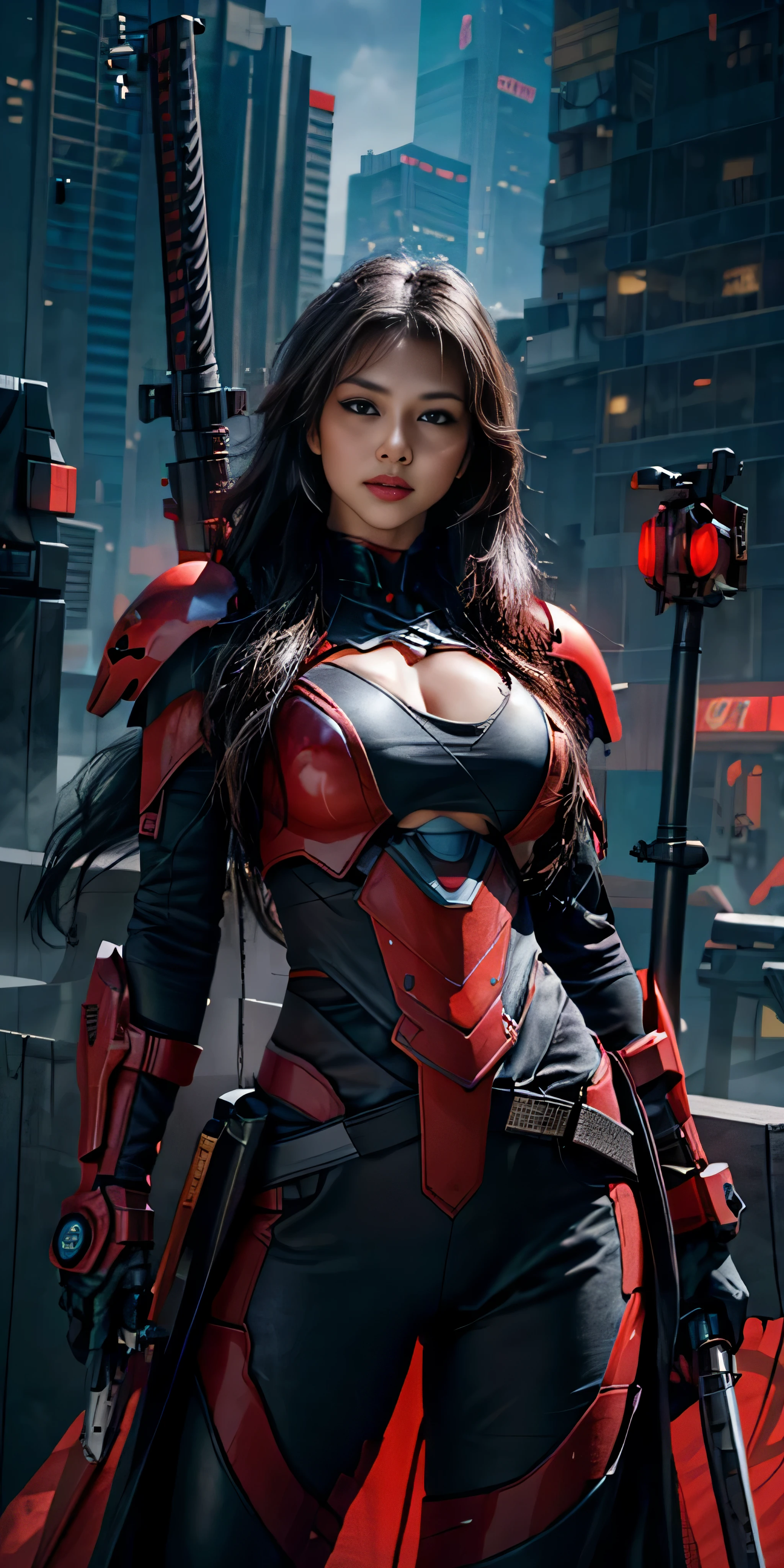 photorealistic, high resolution, soft light,1women, solo, hips up, (detailed face), red long hair, cybersamurai, cyborg, cyberpunk,  cyber armor, holding weapon,glowing,gun, city at night