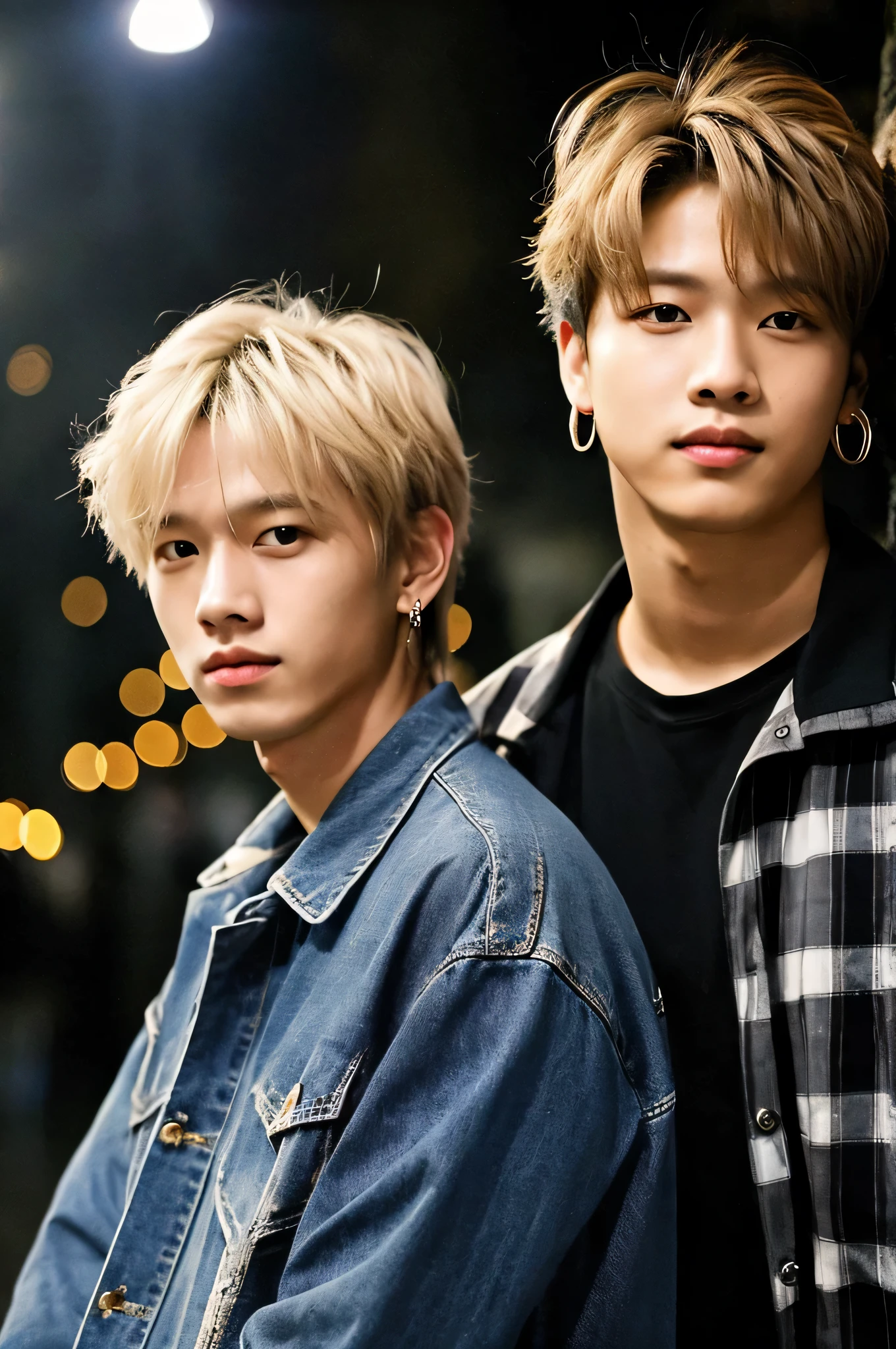 (realistic) two men,Back to back, looking at camera,rough skin, I get goosebumps, blonde hair、strayKids felix hair(My bangs are a little long and fall in my face,wolf cut hairstyle)、Plaid flannel shirt and distressed boyfriend jeans, looks like an idol,, perfect face、cool、Handsome guy,Body type like a Korean male idol in his 20s、A dark and mysterious cave with unique rock formations and hidden wonders, perfect eyes, (candlelight near the face,chiaroscuro), 160 color holder, Taken with ARRI ALEXA 65, Bokeh, sharply focus on the subject, The face is looking here、face close up、ring,earrings,clock