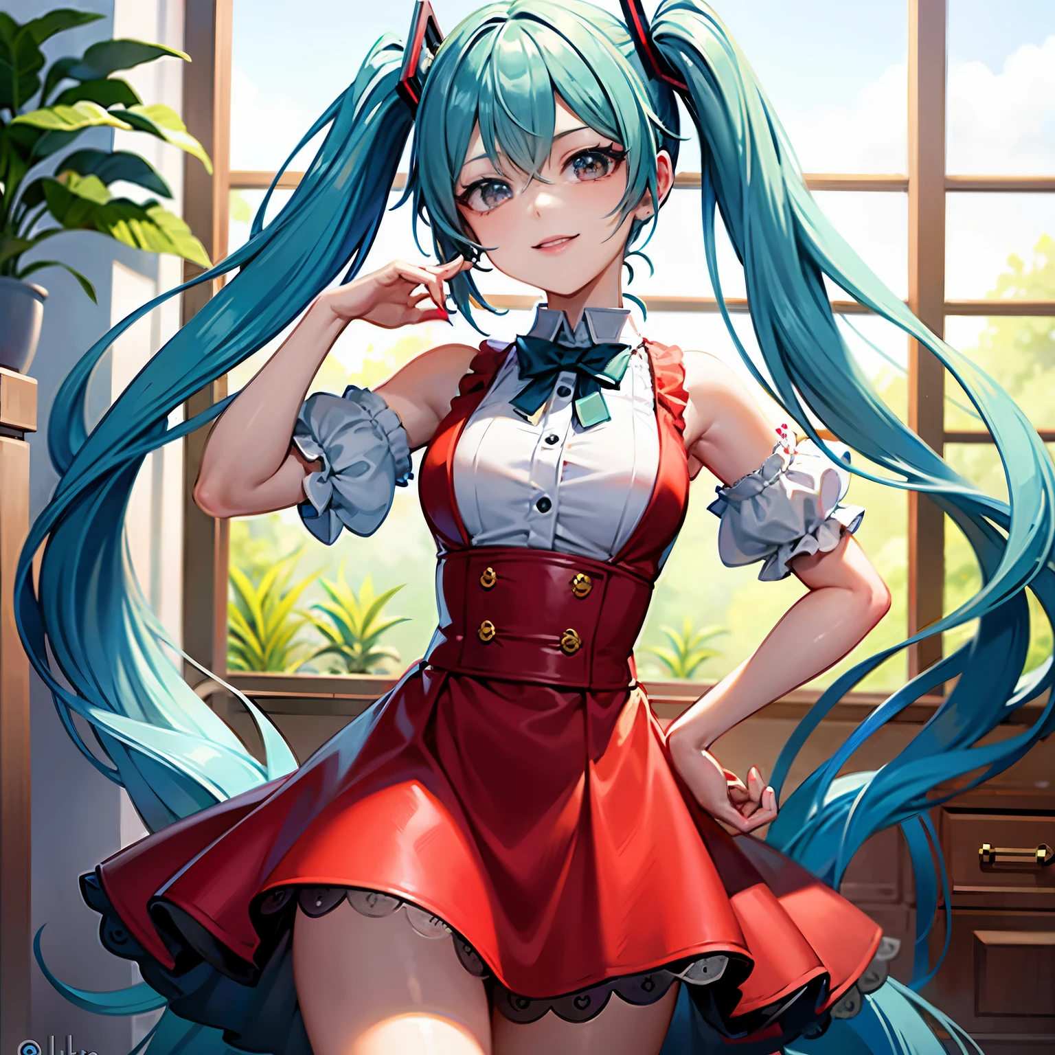 Masterpiece of high quality and detail with the iconic Hatsune Miku. En esta imagen, ella luce una camisa blanca impecable con una elegante corbata azul. Its cold shoulders and separate sleeves add a touch of unique style. Su cara muestra una sonriente malvada que contrasta con su piel oscura y sus llamativos ojos rojos, que resaltan gracias a sus pupilas de un intenso color naranja. This ultra-detailed representation of Hatsune Miku is a true work of art in which every aspect has been meticulously crafted..