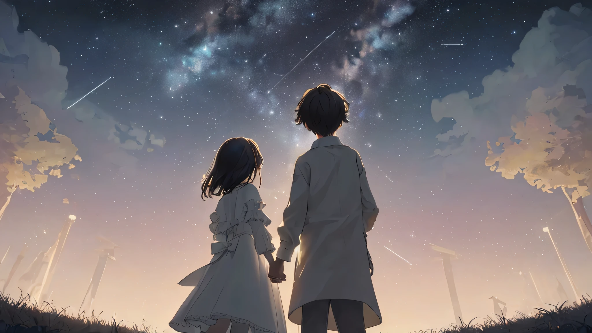 “Imagine an 8k resolution CG illustration in a game graphics style, capturing a masterpiece scene where two , a boy and a girl, are seen from behind, holding hands and gazing up at a meteor shower streaking across a pitch-black night sky. The scene exudes beauty and captivation, with the meteors illuminating their faces in a soft glow, highlighting their wonder and amazement. The detail in the drawing should be of the highest quality, from the texture of their clothes reacting to the gentle night breeze, to the subtle expressions of awe on their partially visible faces, and the intricate patterns of light and shadow cast by the meteors. This image aims to not only showcase artistic and technical skill but also evoke a deep emotional response in the viewer, capturing a moment of pure, childlike wonder at the universe’s beauty.”