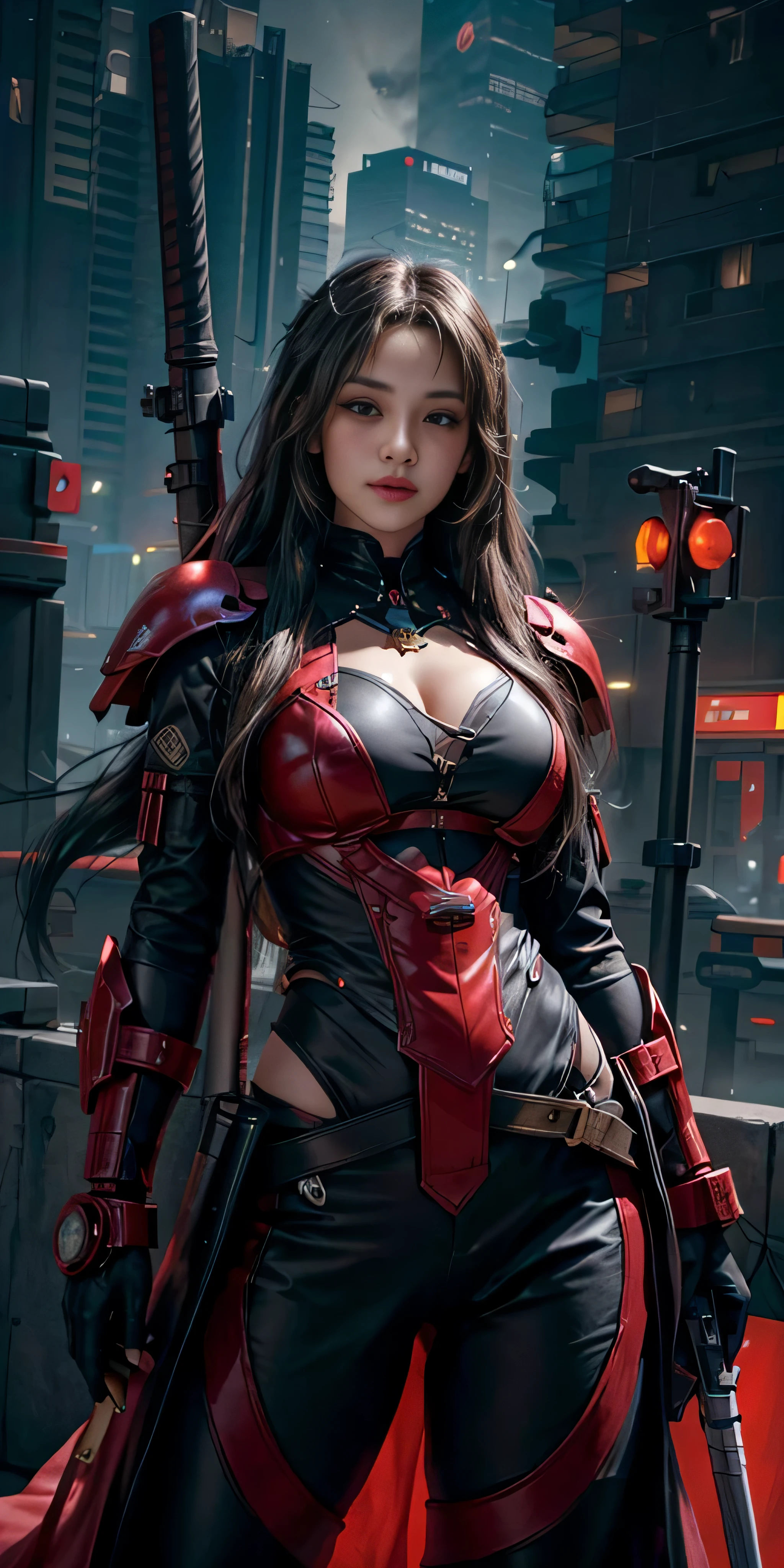 photorealistic, high resolution, soft light,1women, solo, hips up, (detailed face), red long hair, cybersamurai, cyborg, cyberpunk, cyber armor, holding weapon,glowing,gun, city at night