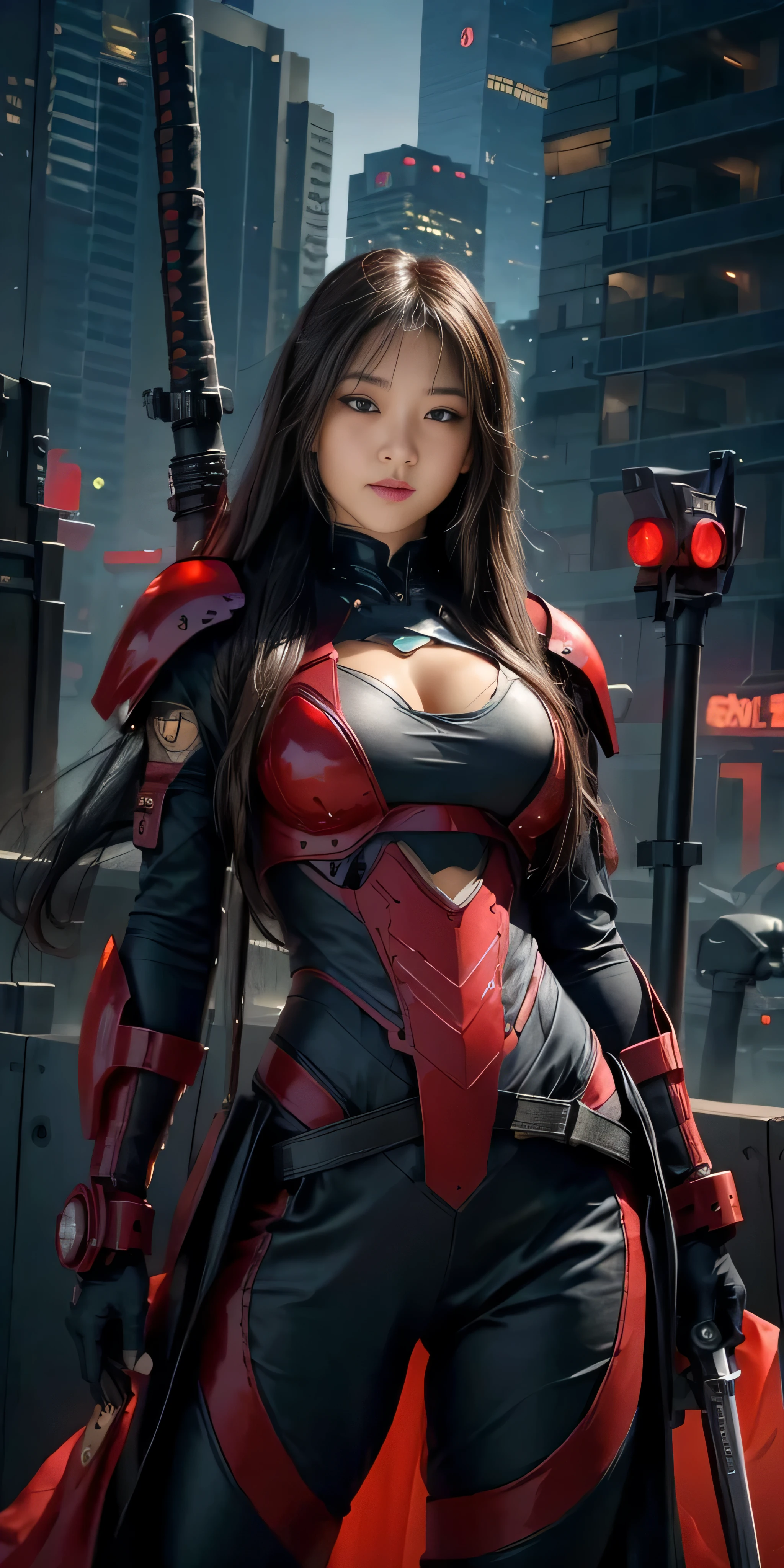 photorealistic, high resolution, soft light,1women, solo, hips up, (detailed face), red long hair, cybersamurai, cyborg, cyberpunk, cyber armor, holding weapon,glowing,gun, city at night