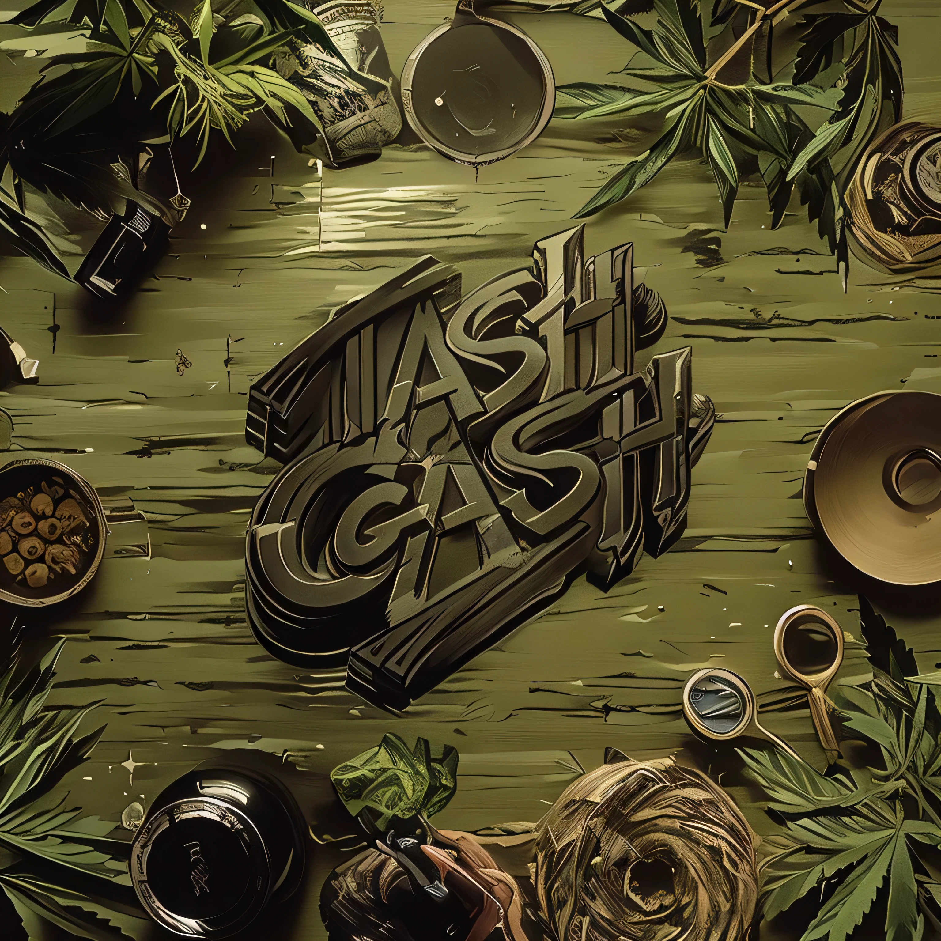 a close up of a sign that says trash cash surrounded by marijuana, official artwork, Marijuana on the topic, advertising artwork, Aesthetics of the High Times Magazine, official A splash of art, cash, high detailed official artwork, high quality fanart, A splash of art, trailer trash lifestyle, with green hemp leaves, weed background, Lush oasis, Screensaver art, official art