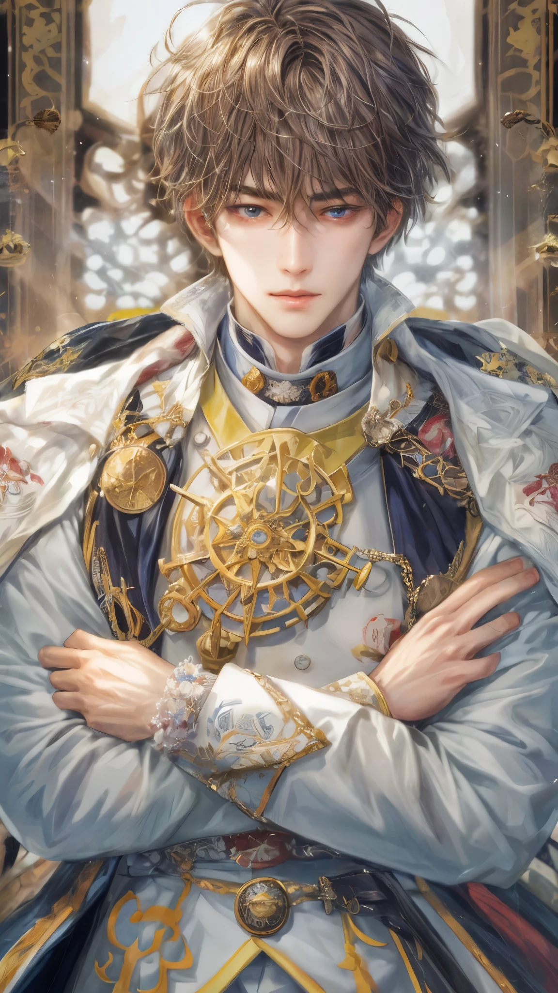 (absurdres, highres, ultra detailed, HDR), masterpiece, intricate, best quality, portrait of a handsome hero from tales of the rays, short hair, korean face, anime eyes, Acolyte outfit detailed interiors victorian style, detailed character