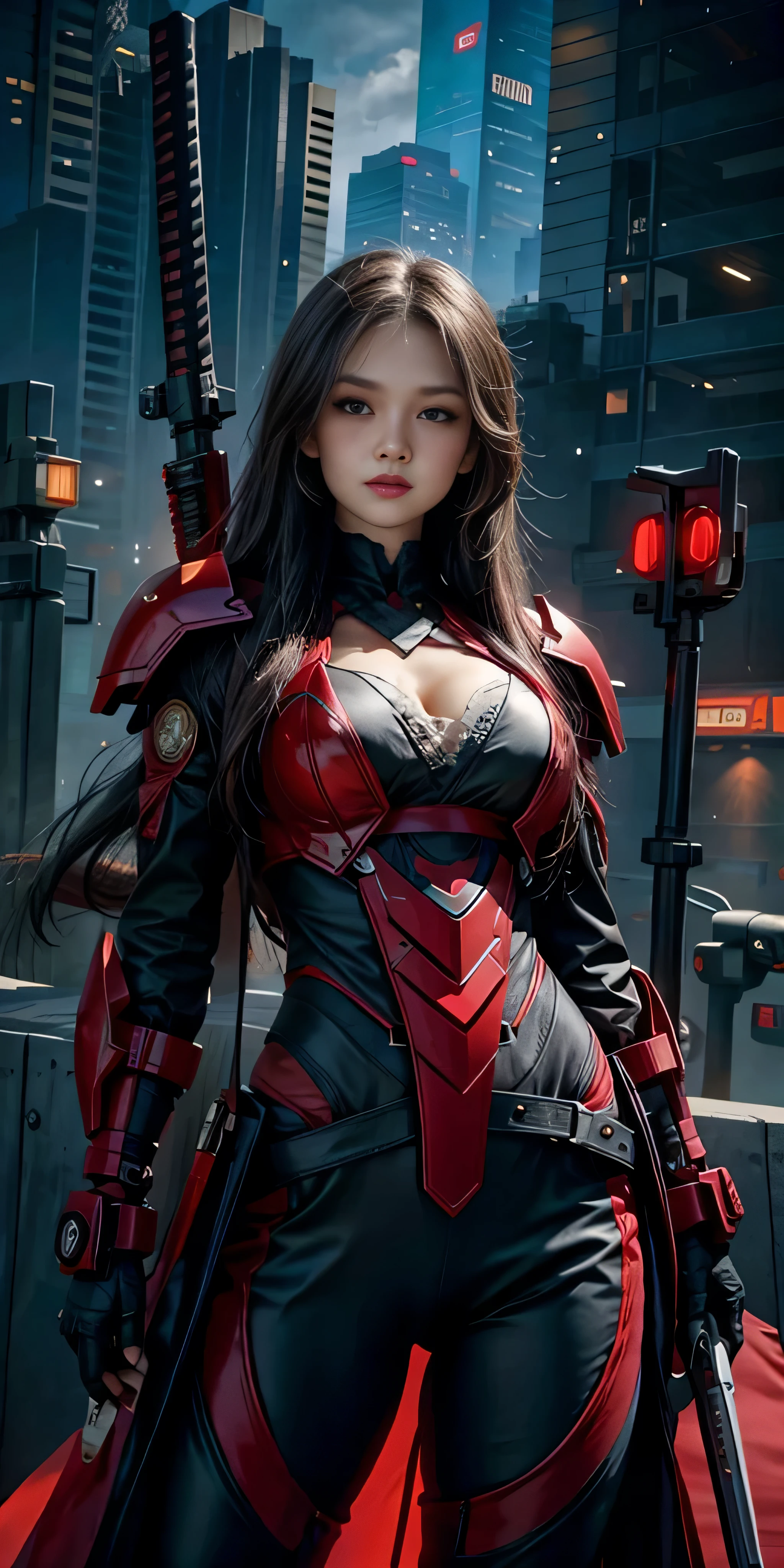 photorealistic, high resolution, soft light,1women, solo, hips up, (detailed face), red long hair, cybersamurai, cyborg, cyberpunk,  cyber armor, holding weapon,glowing,gun, city at night