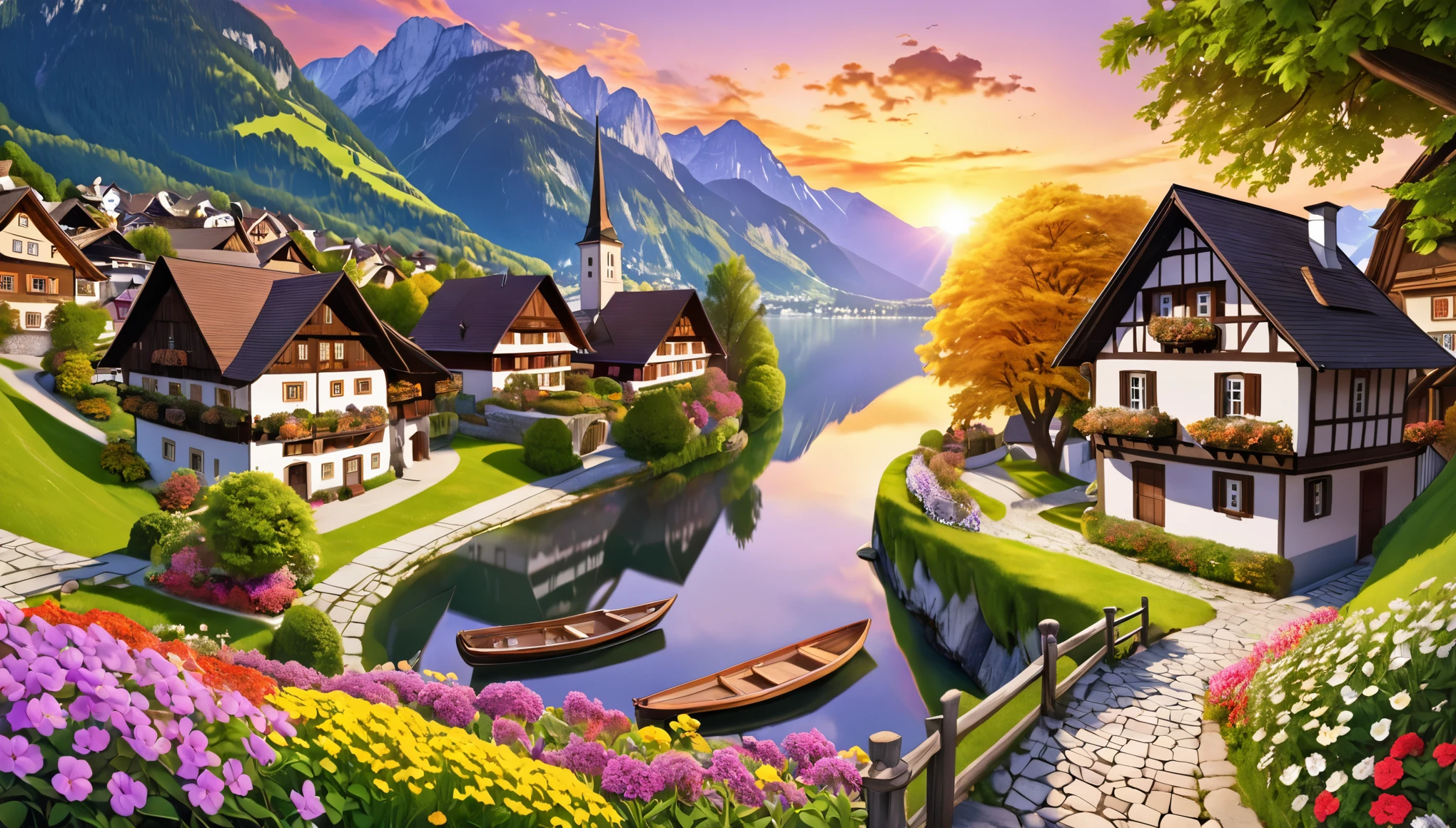 1 casinha pequena simples de pobre humilde , antiga,no meio de um Jardim com flores de todas as cores ,Hallstatt style Austria, arte de qualidade, 8k , pequena,sozinha, yellow and purple sunset , anime no estilo Akira toriyama detalhado
