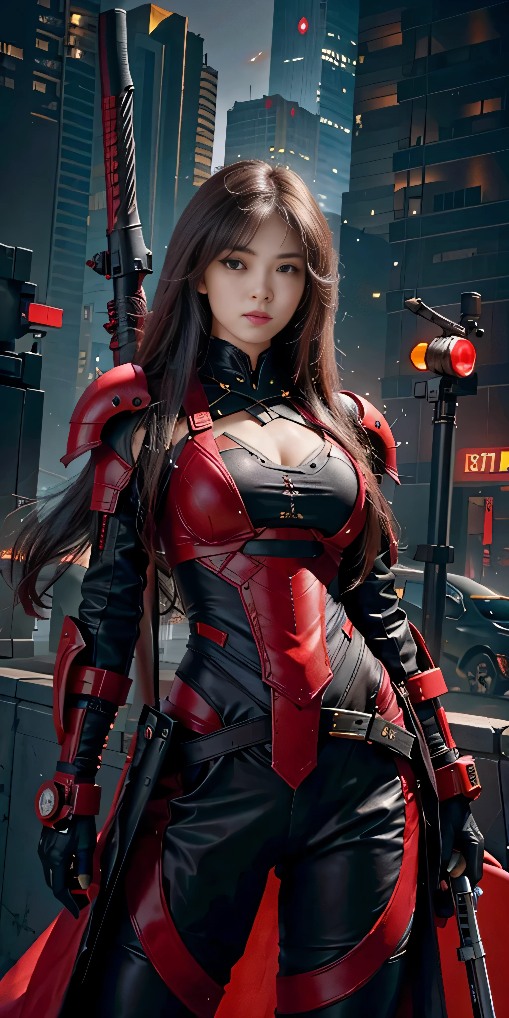 photorealistic, high resolution, soft light,1women, solo, hips up, (detailed face), red long hair, cybersamurai, cyborg, cyberpunk,  cyber armor, holding weapon,glowing,gun, city at night