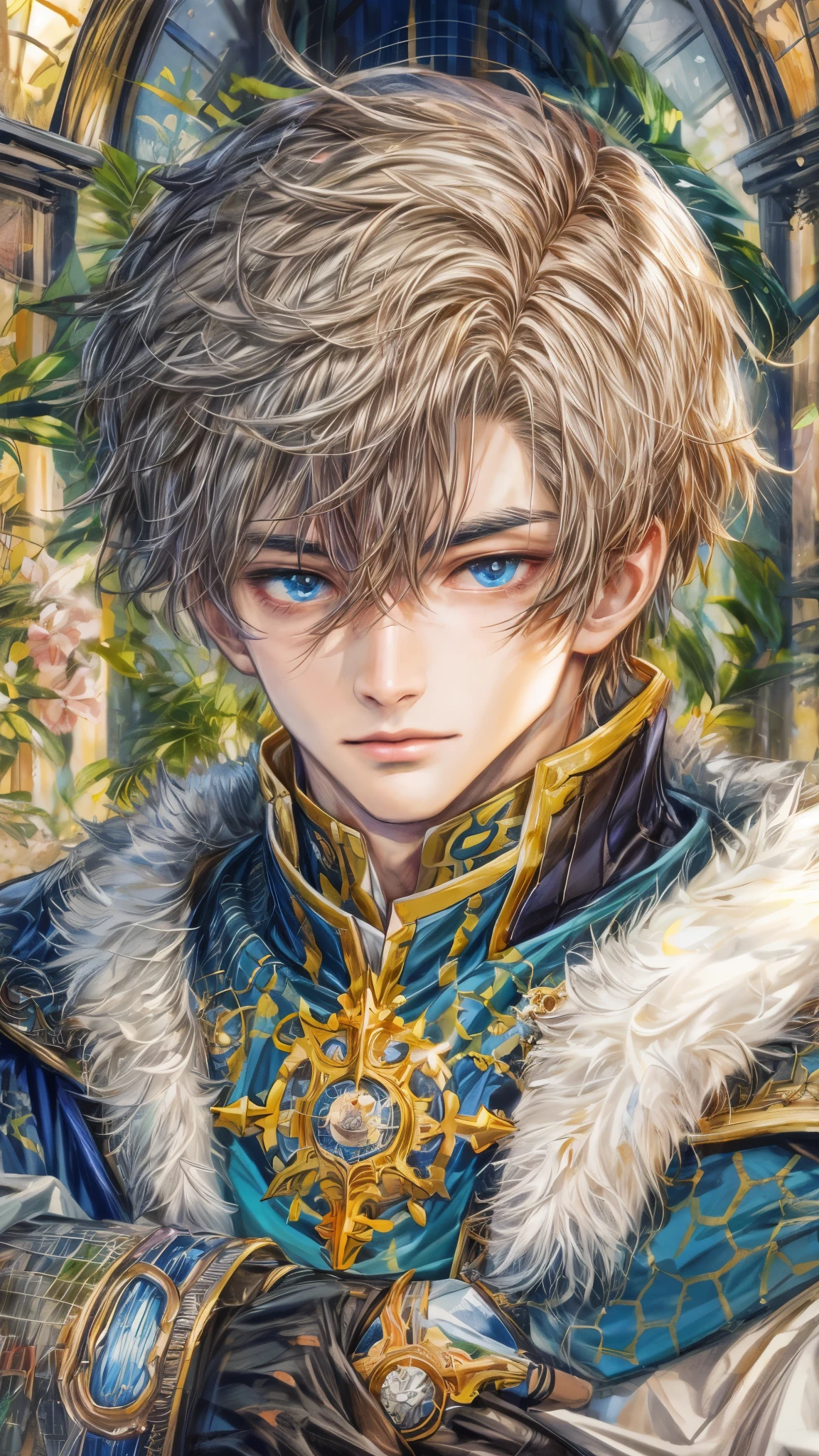 (absurdres, highres, ultra detailed, HDR), masterpiece, intricate, best quality, portrait of a handsome hero from tales of the rays, short hair, korean face, anime eyes, Alchemist outfit detailed interiors medieval style, detailed character