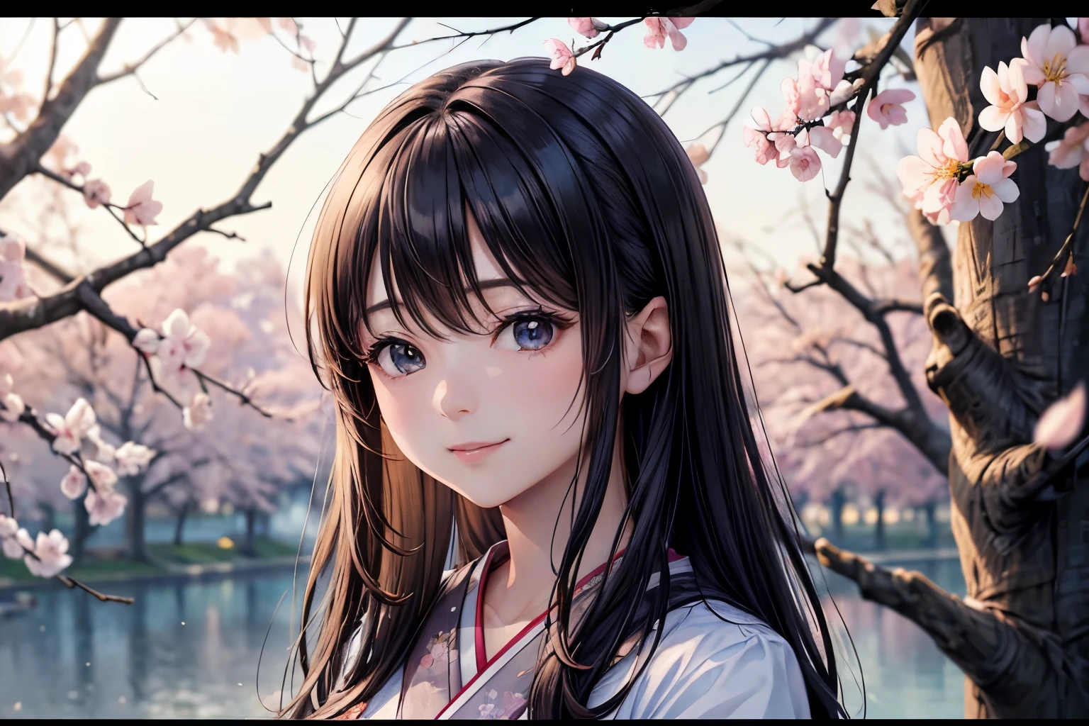 1 girl, beautiful japanese female、Luxury kimono、elegent、beautiful countenance、natural make up、well-groomed hair、(top-quality、8K、32K、masterpiece、nffsw:1.3)、(Photorealsitic:1.4)、realisitic:1.2,Raw photography、Sunlight backlight adds depth to the screen、depth of fields、A smile、Cherry blossom background,blurry backround, upper body