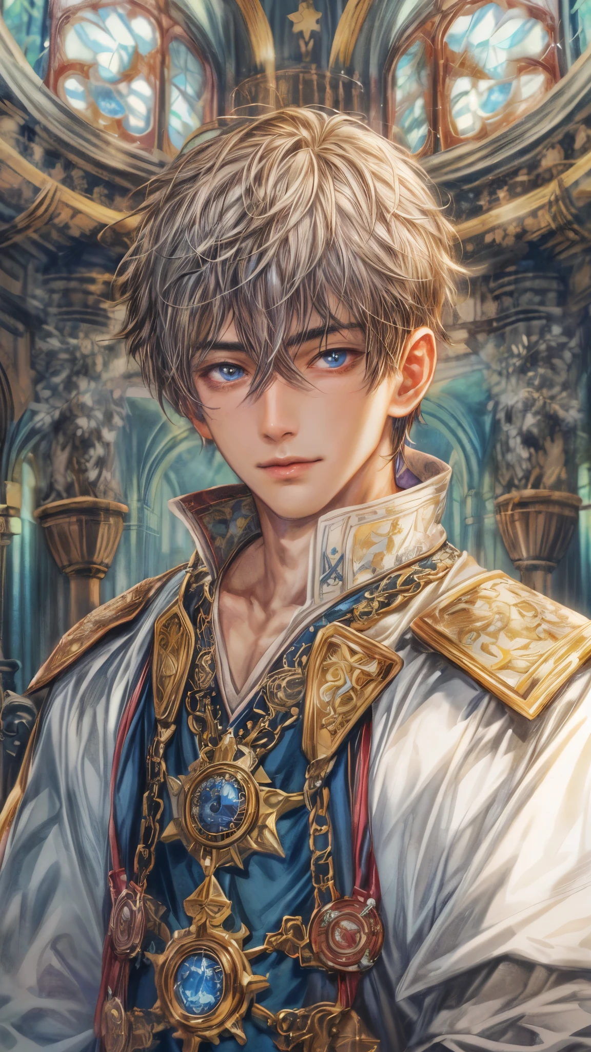 (absurdres, highres, ultra detailed, HDR), masterpiece, intricate, best quality, portrait of a handsome hero from tales of the rays, short hair, korean face, anime eyes, Alchemist outfit detailed interiors medieval style, detailed character