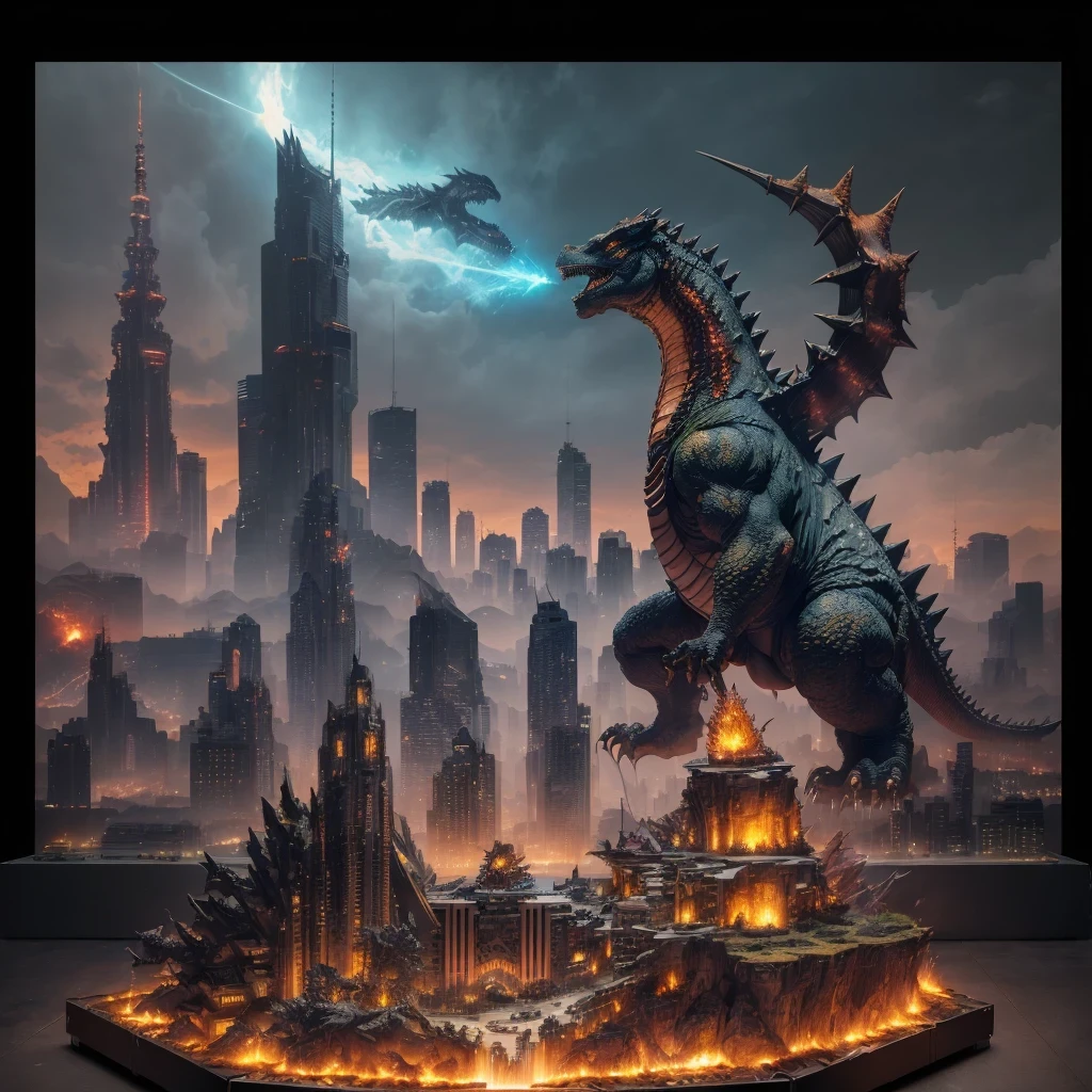 3598年godzilla star realistic model, (Bifurcation, original photo, best quality, masterpiece:1.4),steampunk cyberpunk 6820 godzilla city,(Cyberpunkgodzilla star light:1.3), godzilla star (related to land),(in a godzillabox:1.3),Isometric, godzilla landscape on foundation,godzilla landscape,