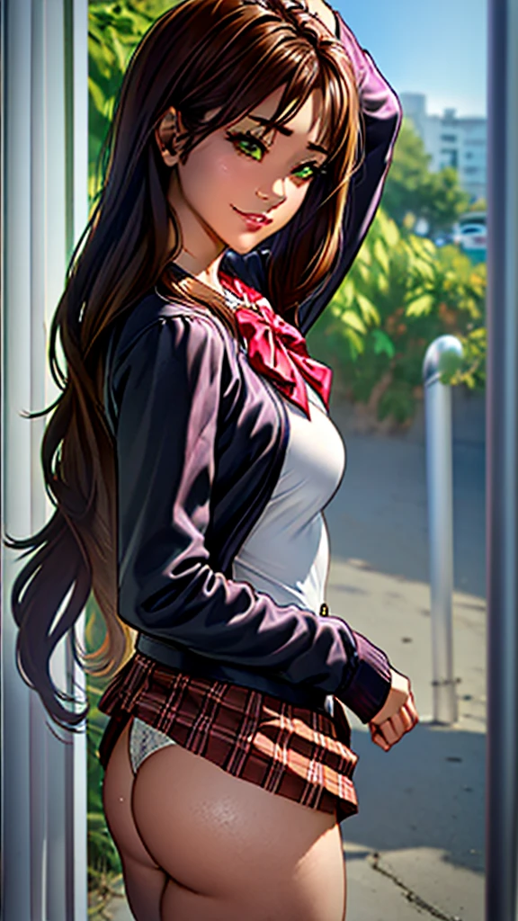 ((masutepiece, Best Quality, hight resolution, nffsw, Perfect Pixel,  4K, nffsw, nffsw))), 1girl in, Single, Solo, Beautie、full body seen、 ((Middle Wave Hair, Bangs, Brown hair)), ((Brown-eyed, Beautiful eyelashes, Realistic eyes)), ((Detailed face, Blushing:1.2)), ((Smooth texture:0.75, Realistic texture:0.65, Photorealistic:1.1, Anime CG style)), medium breasts, Dynamic Angle, Perfect body,  ((red bowtie, , Black jacket, Open jacket, Brown cardigan, White shirt, Black skirt, plaid skirts)), City staircase、Looking up from the bottom of the stairs、Very embarrassing panic smile, turned around、bending forward、(The wind flipped my skirt and exposed my butt.........................、Touching the buttocks with both hands、Pink floral lace panties)、