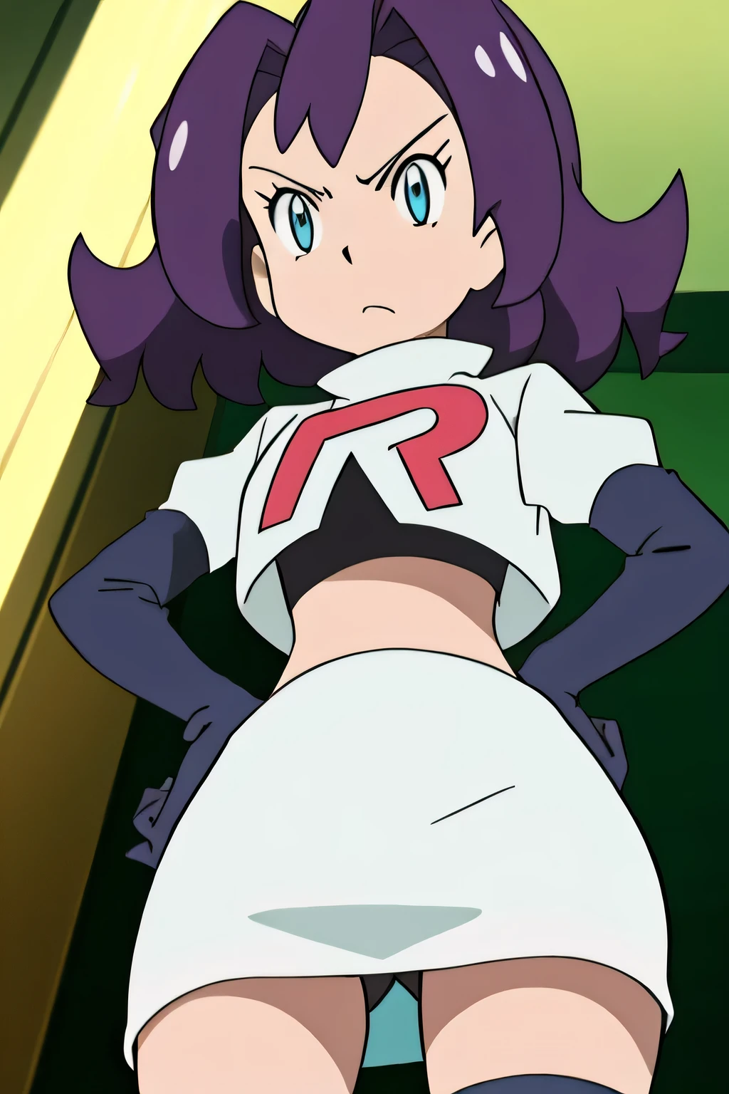 8k, masterpiece,highres, team rocket uniform, red letter r, white skirt,white crop top,black thigh-high boots, black elbow gloves, glaring angrily, looking down at viewer, hands on hips, cowboy shot,zettai ryouiki,from below, black panties,anime style, vivid colors, sharp focus, intense lighting,lapis rosenberg, trails into reverie