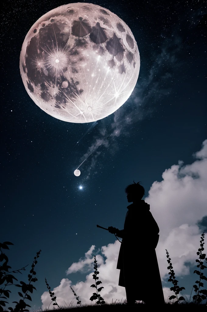 highest quality,big moon and shadow,A silhouette of a person can be seen against the background of the big moon.,There is one full moon,There is a mood,beautiful scenery,starry sky