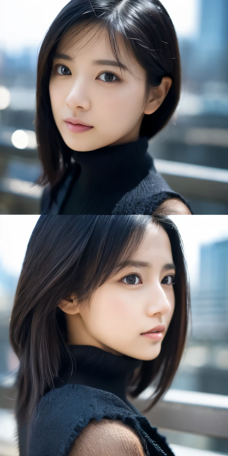 (High neck knit、Shoulder Bags)、(best quality、masterpiece:1.3、ultra high resolution)、(Super details、Caustics)、(Photo realism:1.4、RAW shooting、)Ultra-realistic capture、HD、High resolution - human skin resolution 16K、natural skin texture、Skin looks even and healthy、Use natural light and color、A woman、Japanese、Lovely、black hair、Zhongfa、(Depth of the bounds written、Color difference、Wide lighting range、natural shadow)、(hair swaying in the wind:1.2)、Tokyo cityscape