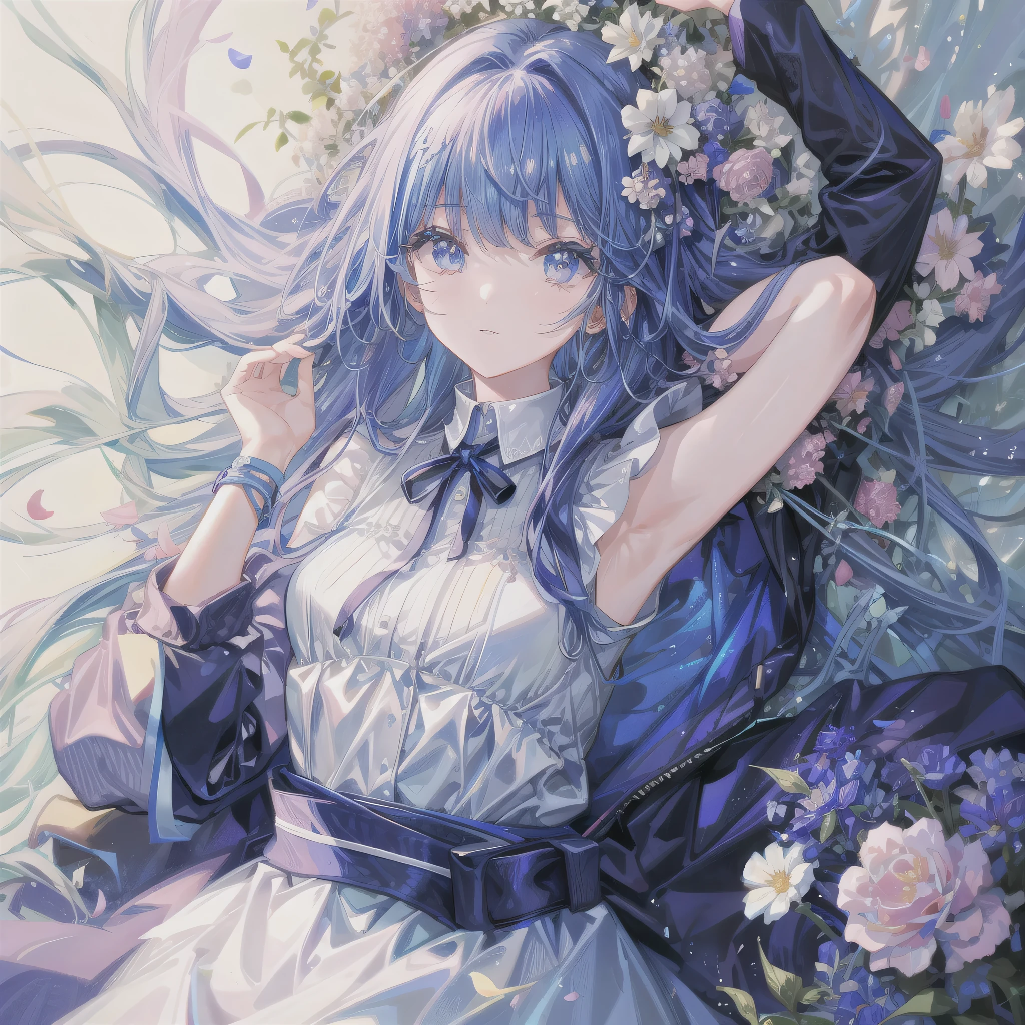 a 1 girl、surrounded by flowers、I lay down