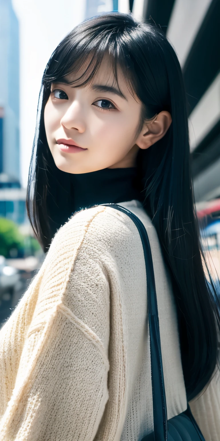 (High neck knit、Shoulder Bags)、(best quality、masterpiece:1.3、ultra high resolution)、(Super details、Caustics)、(Photo realism:1.4、RAW shooting、)Ultra-realistic capture、HD、High resolution - human skin resolution 16K、natural skin texture、Skin looks even and healthy、Use natural light and color、A woman、Japanese、Lovely、black hair、Zhongfa、(Depth of the bounds written、Color difference、Wide lighting range、natural shadow)、(hair swaying in the wind:1.2)、Tokyo cityscape