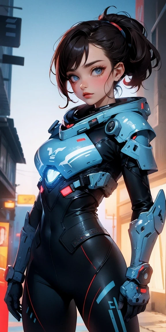masterpiece, best quality, , (solo), 1girl, look up, dim light, , Horizon_(apex legends), goggles, blue eyes, brown hair, gauntlets, shoulder armor, headwear, (freckles:0.5), , (science_fiction), outdoors, street, neon lights, cyberpunk,