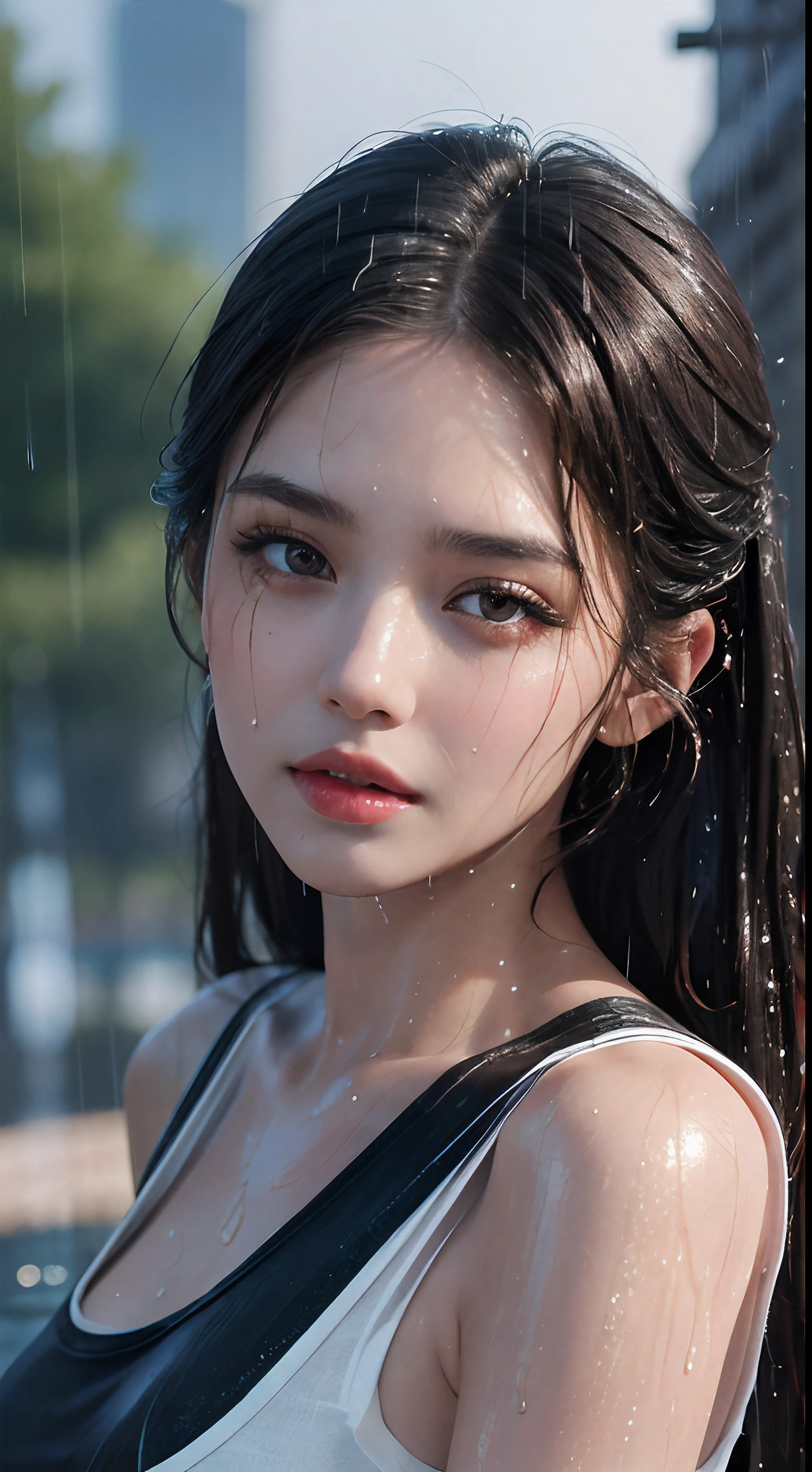 (best quality, 4K, masterpiece :1.3), pretty Woman, 1 girl, Sexy :1.1, Dark brown hair: 1.1, (wet from rain, get wet by rain, wet :1.2), white vest, Super detailed face, delicate lips, delicate eyes, double eyelids