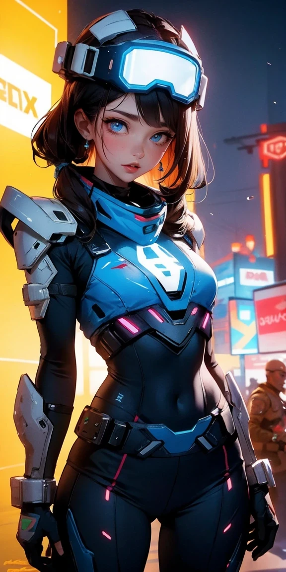 masterpiece,  best quality, , (solo), 1girl, look up, dim light, , Horizon_(apex legends), goggles, blue eyes, brown hair, gauntlets, shoulder armor,  headwear, (freckles:0.5), , (science_fiction), outdoors, street, neon lights, cyberpunk,