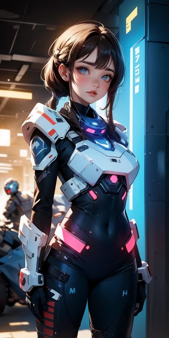 masterpiece, best quality, , (solo), 1girl, look up, dim light, , Horizon_(apex legends), goggles, blue eyes, brown hair, gauntlets, shoulder armor, headwear, (freckles:0.5), , (science_fiction), outdoors, street, neon lights, cyberpunk,
