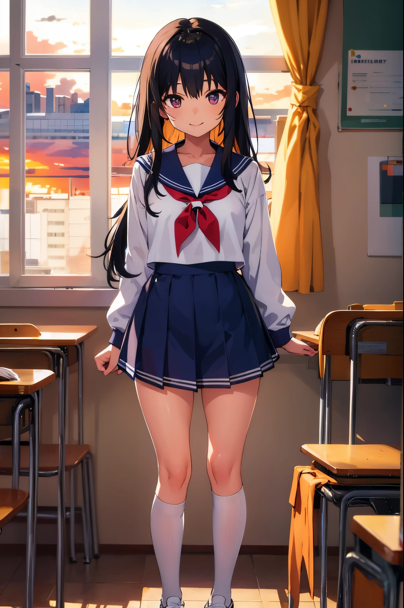 Evening school classroom　Sunset shines through the window　sunset　Backlight　 girl　8-year-old　flat chelack r　long hair　eyes are purple　smile　（（1 person））　Upper half length sleeve white sailor uniform　Lower body navy blue miniskirt（（White panties are visible））　black socks　sneakers　standing by the window　spread your legs a little　I can see white panties　dynamic angle　Low angle from the front