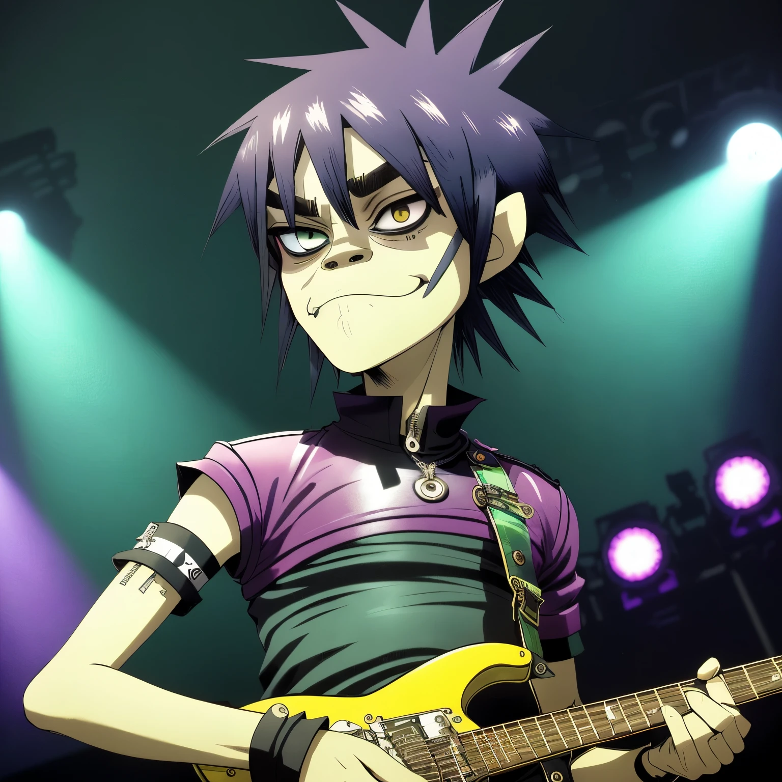 (best quality,highres,ultra-detailed),(gorillaz-style:1.1),murdoc niccals in a dress,(portrait:1.1),(vibrant colors),(stage lighting),(electric guitar),(energetic performance),(crowd cheering),(dynamic atmosphere),(unique fashion style),(stunning makeup),(rock concert),(fantastic stage effects),(captivating facial expression),(dramatic pose),(creative artistry),(punk rock vibes),(expressive eyes),(impressive personality),(stylish hair),(striking background),(artistic flair)